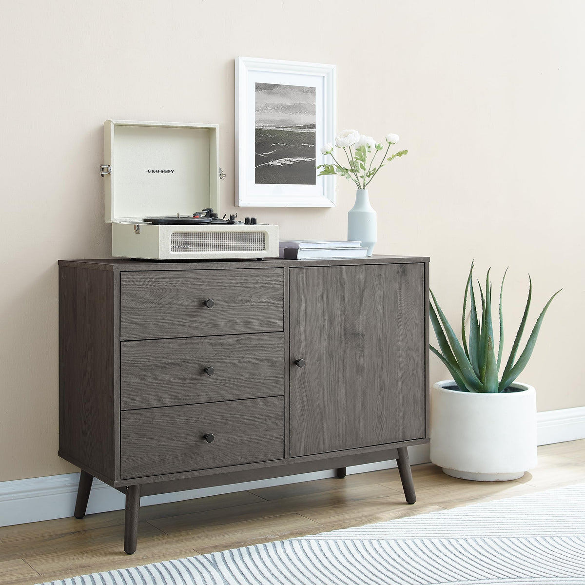 Crosley Furniture Lucas Media Console and Record Player Stand with Storage for Vinyl Records, Gray