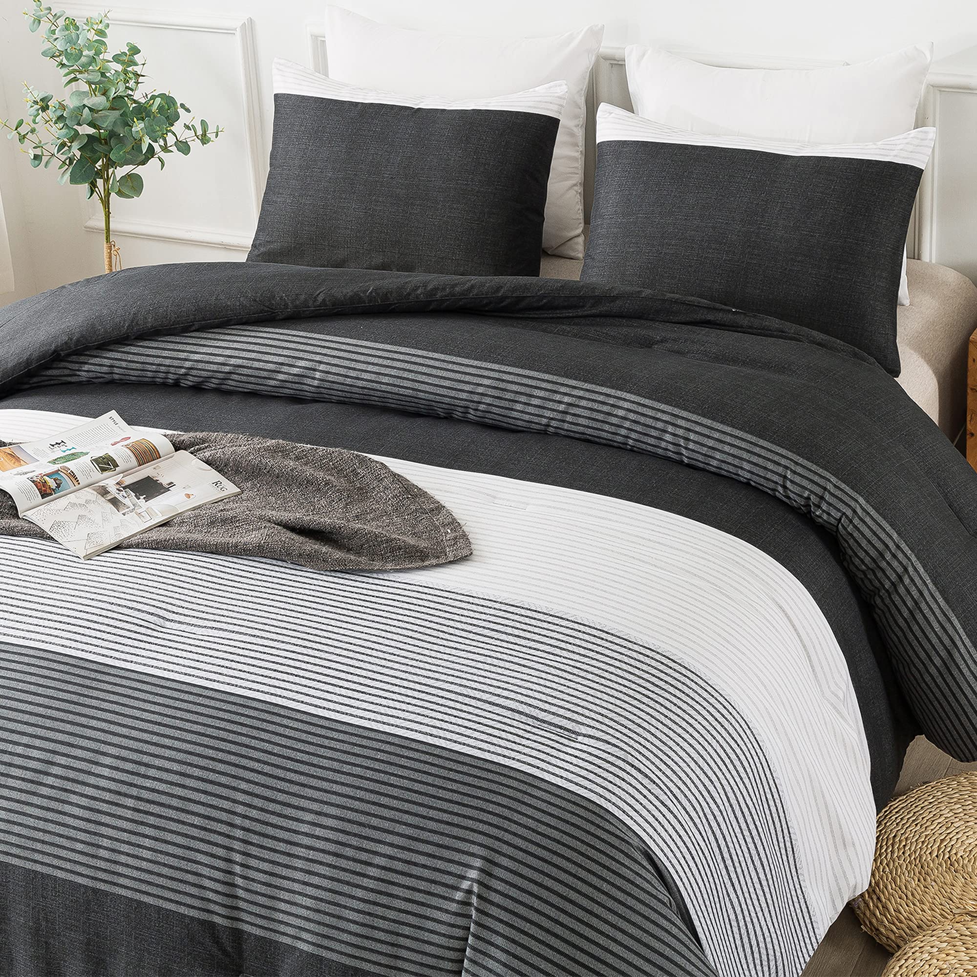Andency Queen Comforter Set Black,3 Pieces Black White Gray Patchwork Striped Comforter (90X90 Inch), Soft Microfiber Down Alter