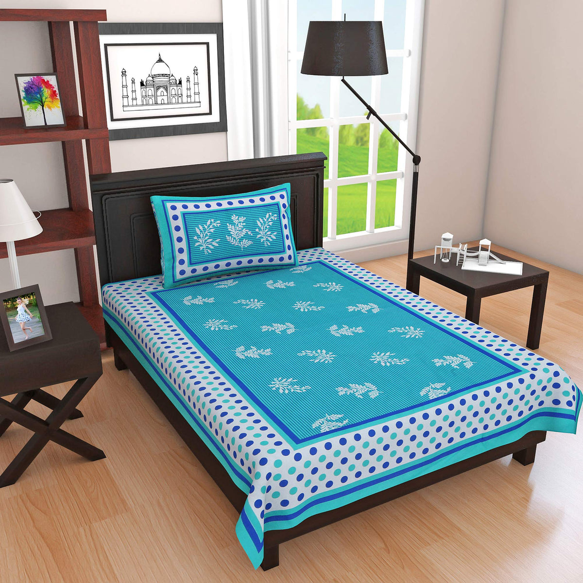 E Elma Jaipuri Look Cotton Printed Single Bedsheet with One Pillow Cover Blue