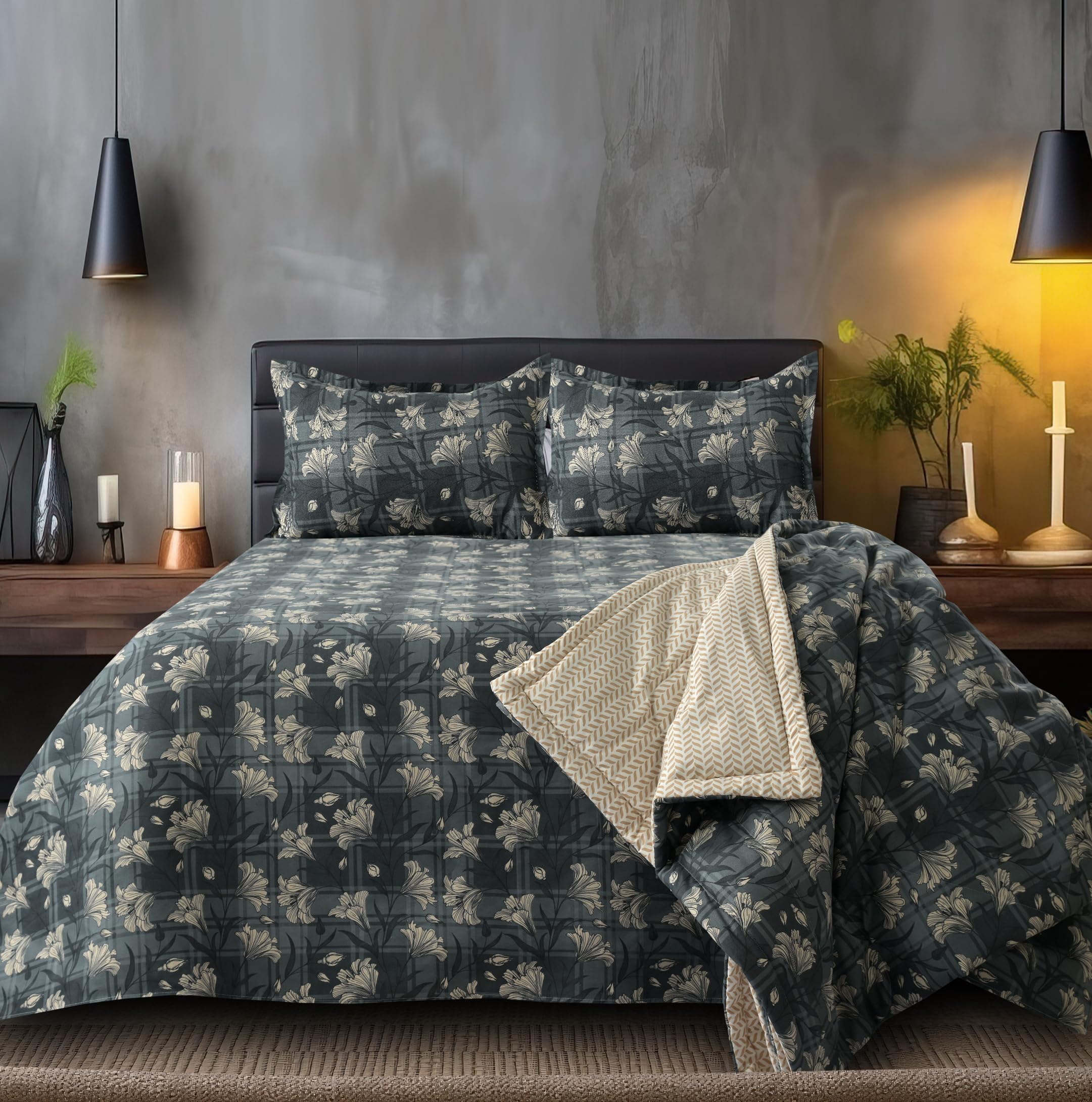 Arz Enterprise 150 Gsm Luxe Glace Cotton Bedding Set With Reversible 2In1 Comforter Double Bed Queen Size 90X100 Inches With Mat
