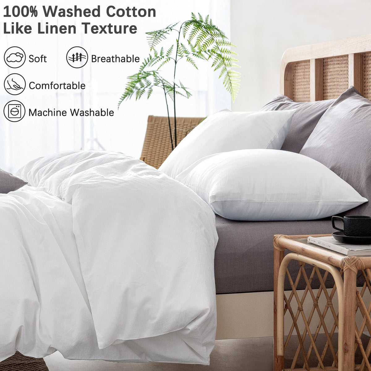 Atsense Duvet Cover Oversized Queen, 100% Washed Cotton Linen Feel Super Soft Comfortable, 3-Piece White Duvet Cover Bedding Set, Long-Lasting And Easy Care, Simple Style Farmhouse Comforter Cover
