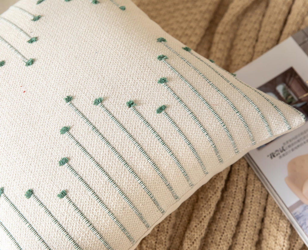 Caflife Boho Throw Pillow Covers 24X24 Set Of 2 Decorative Pillows For Bed, Neutral Pillow Covers Beige With Green Line Throw Pi