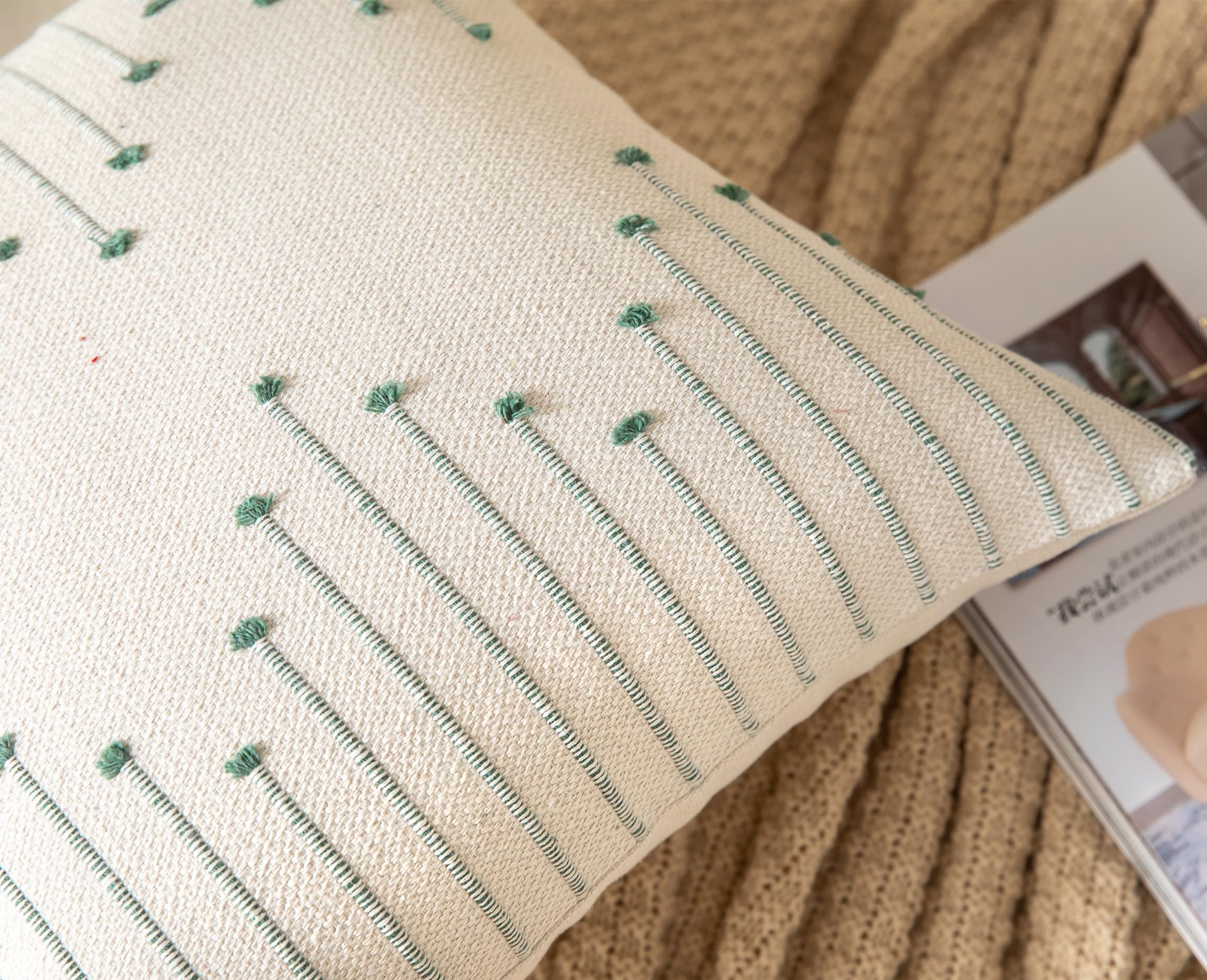 Caflife Boho Throw Pillow Covers 24X24 Set Of 2 Decorative Pillows For Bed, Neutral Pillow Covers Beige With Green Line Throw Pi