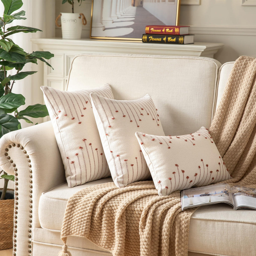 Caflife Boho Throw Pillow Covers 12X20 Set Of 2 Decorative Pillows For Bed, Neutral Pillow Covers Beige With Rust Line Throw Pil