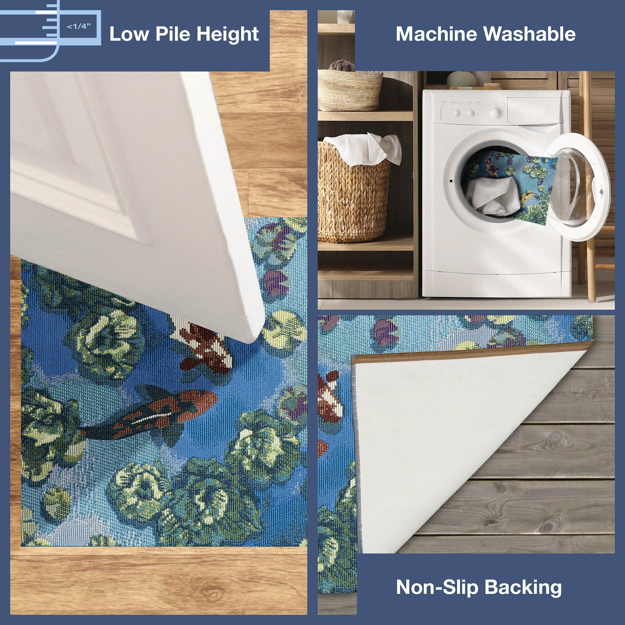 Liora Manne Esencia Machine Washable Non-Slip Low Profile Indoor/Outdoor Mat-Transitional, Whimsical, Fish, Nature, Koi Pond Aqua 2'5' X 3'11'