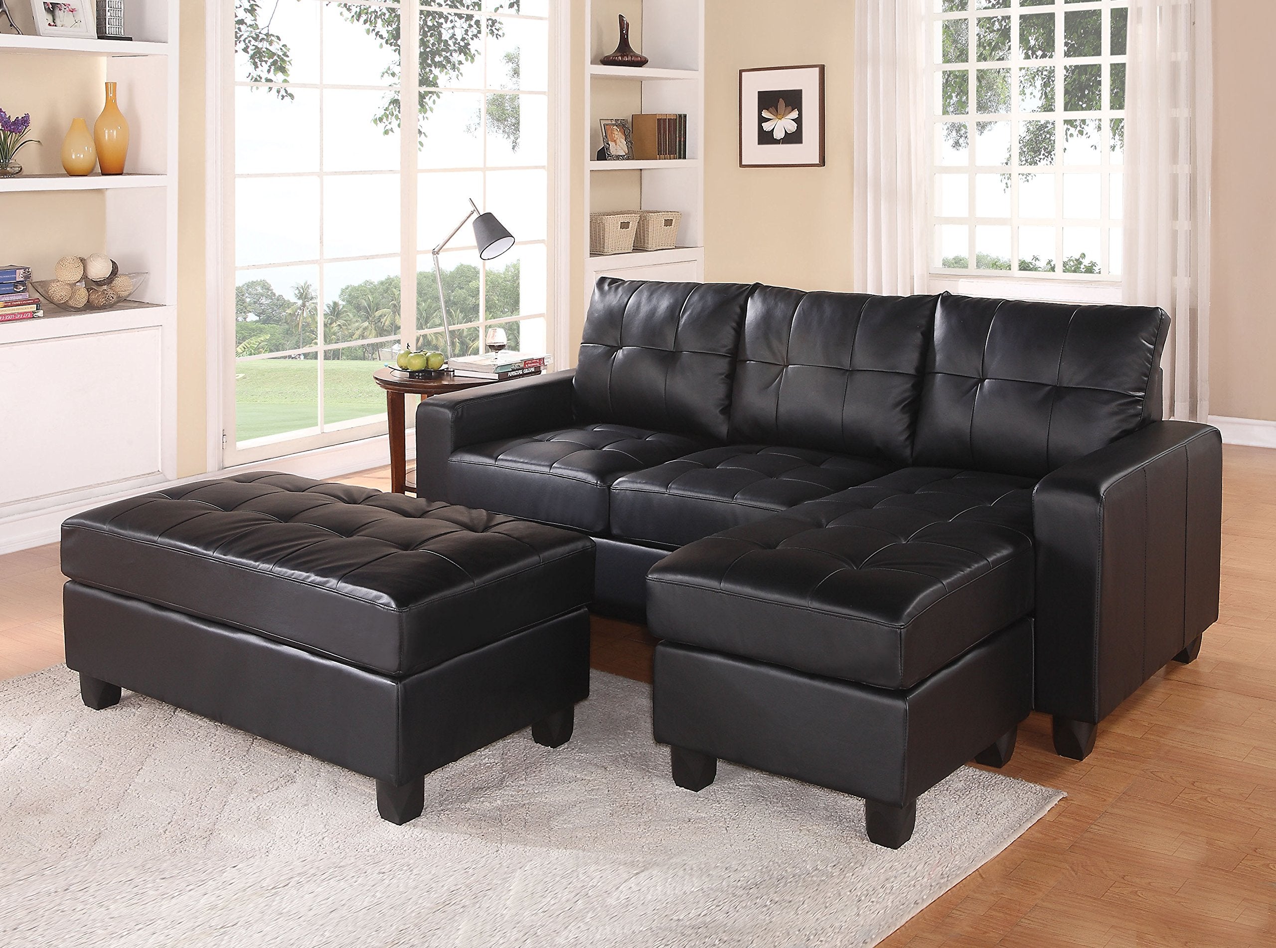 Acme Lyssa Track Arms Bonded Leather Sectional With Ottoman In Black