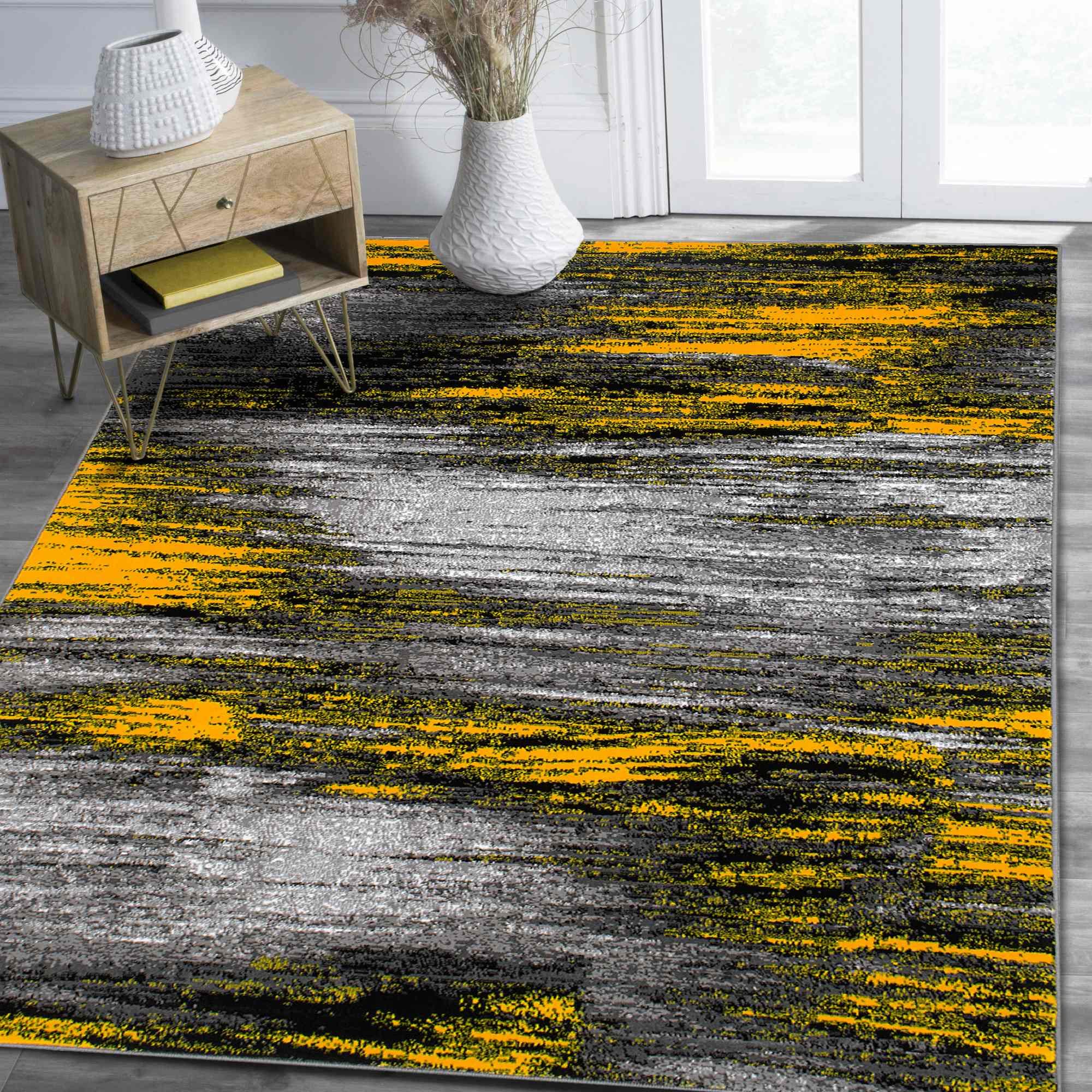 HR - Orangish Yellow/Grey/Silver/Black/Abstract Contemporary Modern Design Brushed Colors Area Rug (78 X10)