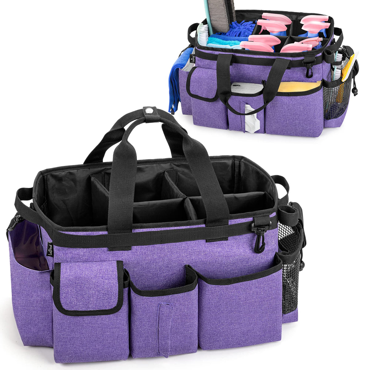 LoDrid Large Wearable Cleaning Caddy Bag with Detachable Divider, Cleaning Organizer with Handles, Cleaning Supply Tote with Adj