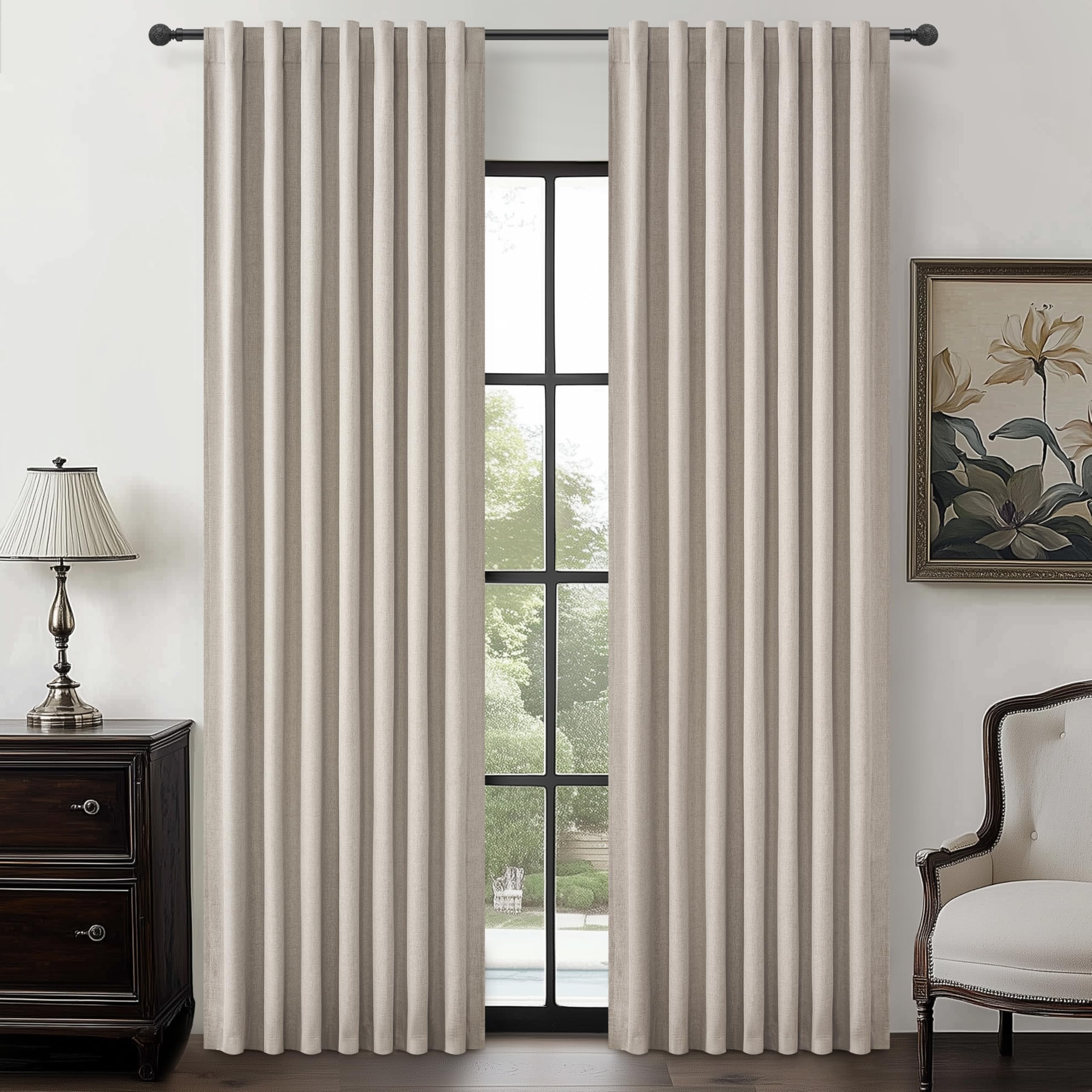 Grey Flax Curtains 86 inch Length 2 Panels Set, Hook Belt&Rod Pocket White Backing Beige Taupe Thermal Living Room/Bedroom/Slidi