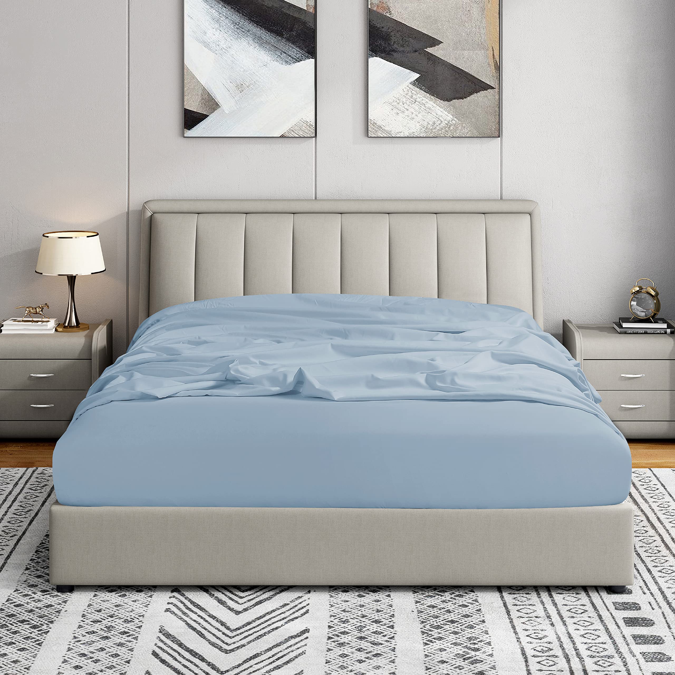 Cathay Home King Fitted Sheet - Double Brushed Ultra Soft – Wrinkle & Fade Resistant - 14' Standard Pocket Fitted Sheet Only - Good Fit For 12'-16' Deep Mattress (King, Blue Fog)