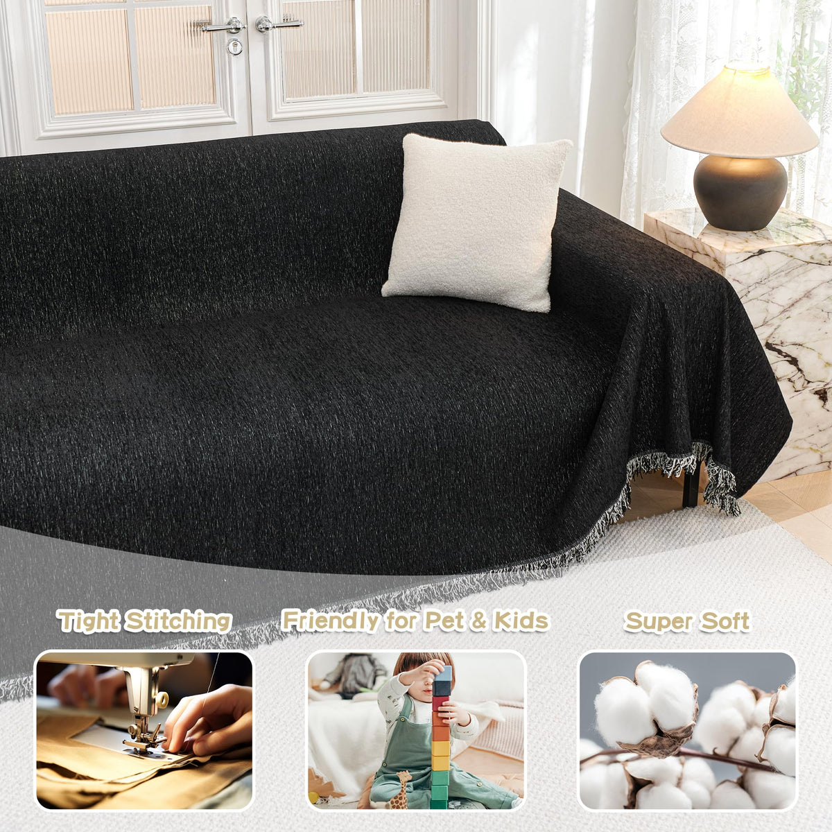 Mysky Home Black Chenille Sofa Slipcover Couch Covers For Sectional L Shaped Couch Pets Protector Furniture Covers Futon Cover S