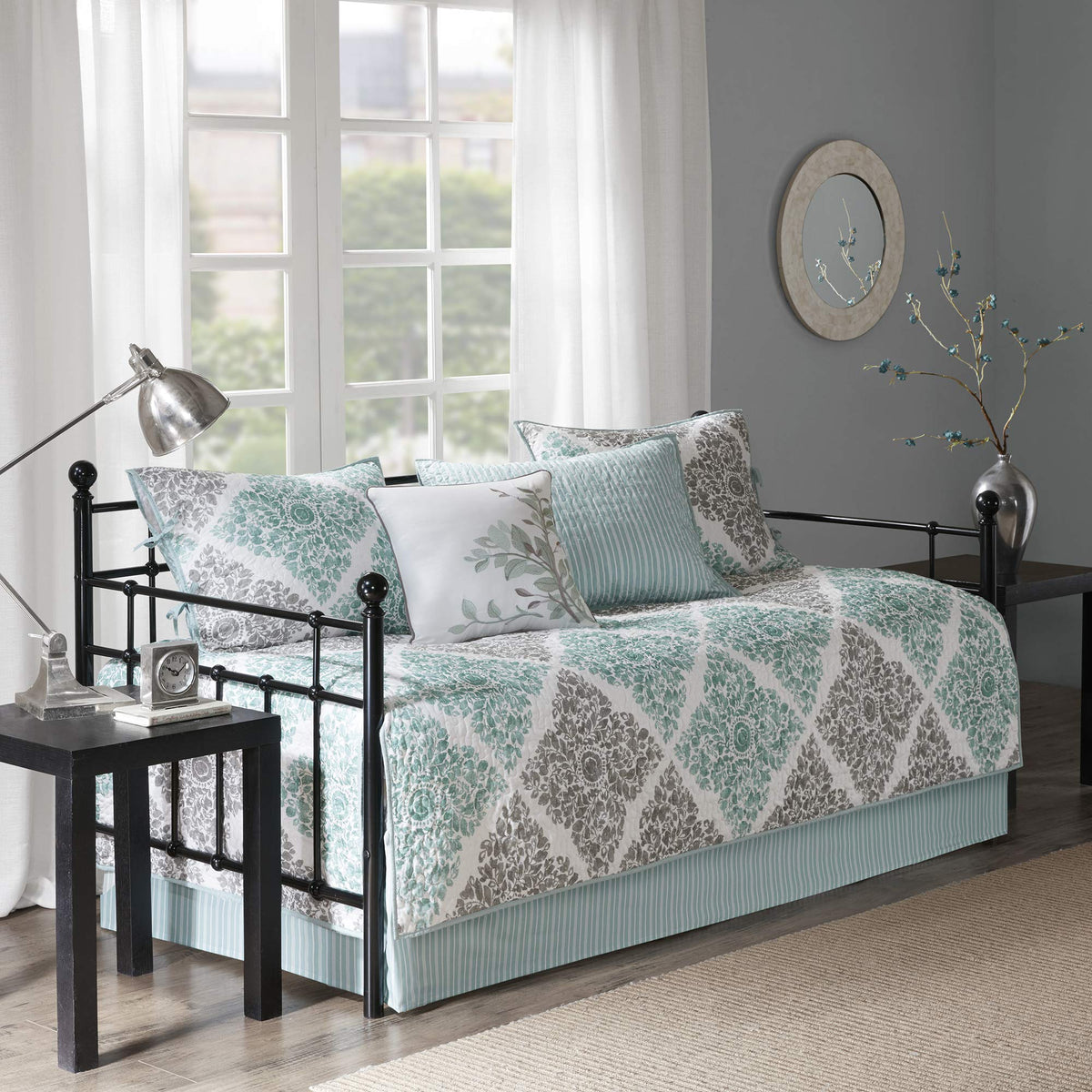 Madison Park Daybed Cover Set - Double Sided Quilting Casual Design, All Season Bedding With Bedskirt, Matching Shams, Decorative Pillow, 75'X39', Diamond Aqua 6 Piece