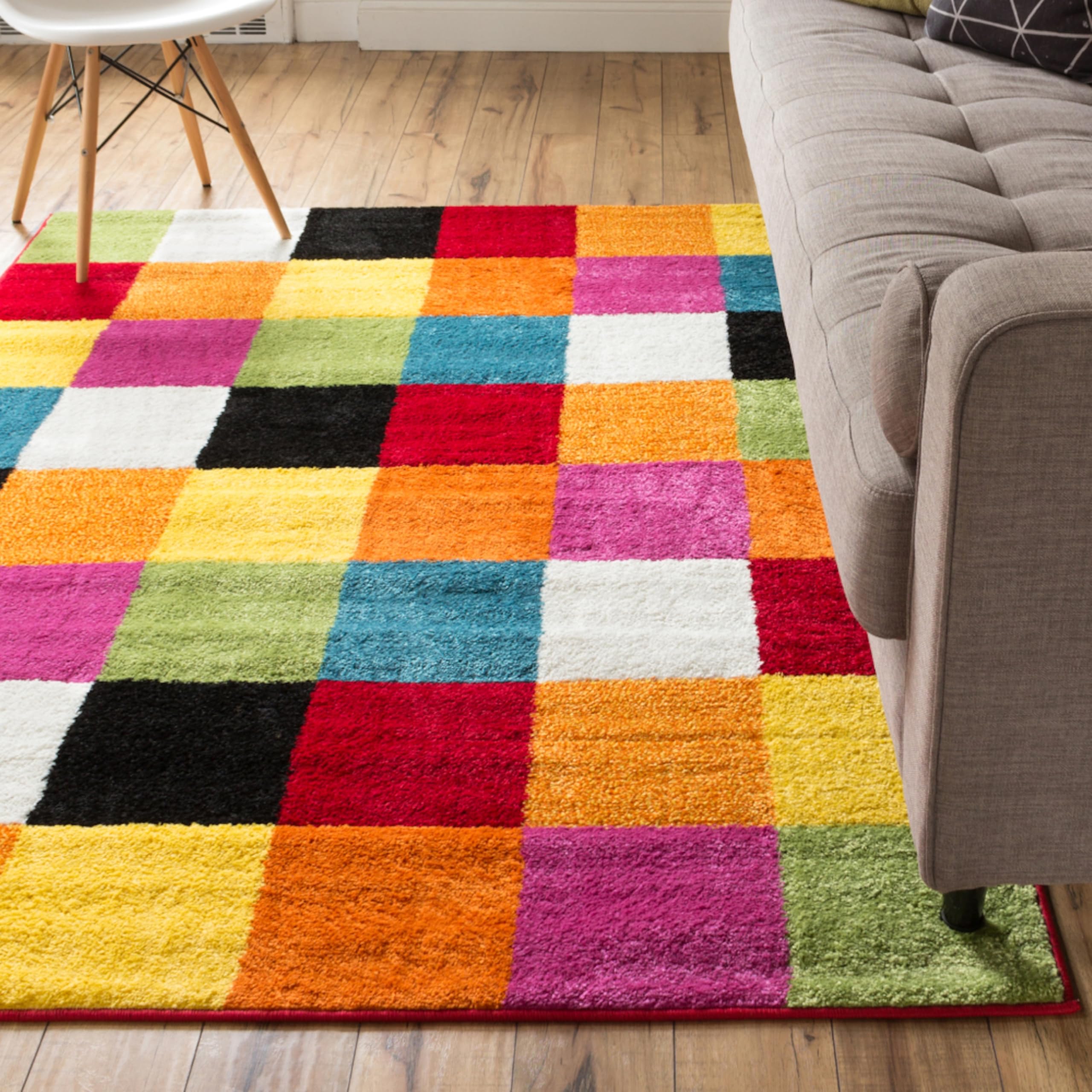 Well Woven Modern Rug Squares Multi Geometric 5 x 7 Area Rug Entryway Bright Kids Room Kitchn Bedroom Carpet Bathroom Soft Dur