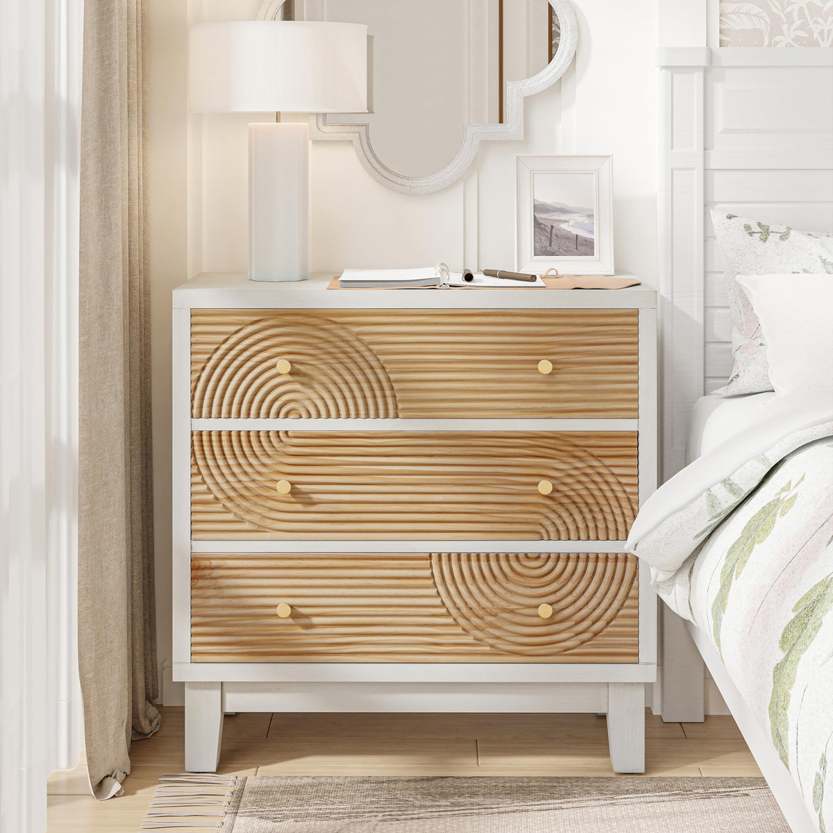 Cozayh 3-Drawer White Farmhouse Dresser With Handicraft Wood Ring Motif, Fully Assembled Nightstand Wooden Finish For Boho, Mid-Century, Natural Wood, Rustic Style