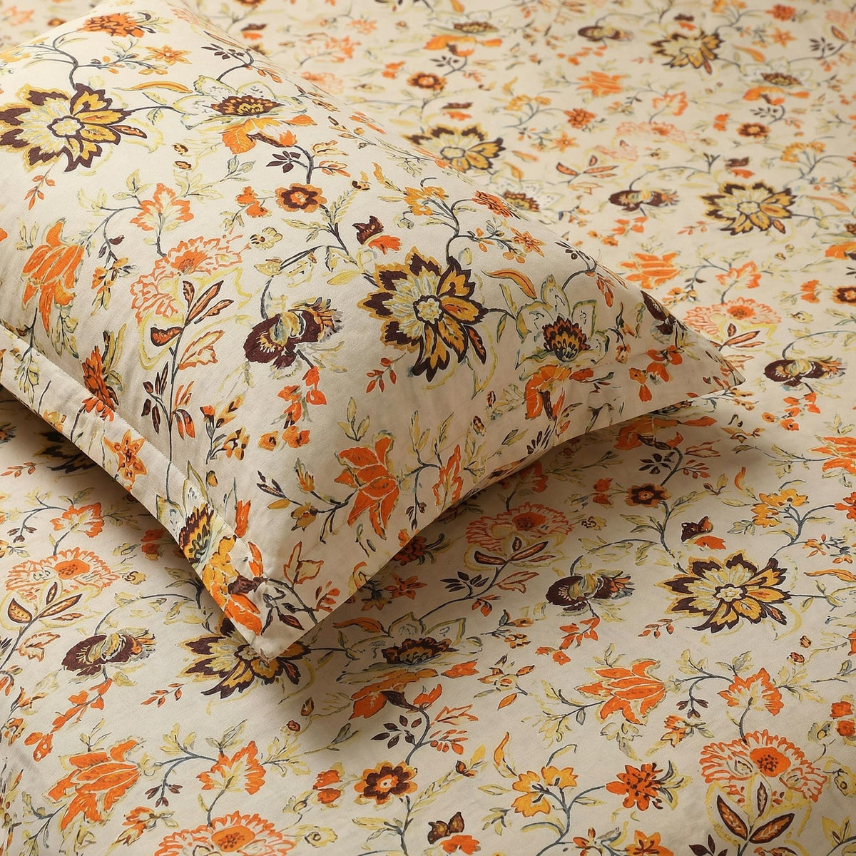 Mafatlal Saanjh 144 TC Cotton Double Bedsheet 90x100 Inch | Beige Floral Printed Bedsheet | Soft Cotton Feel | 2 Pillow Covers I