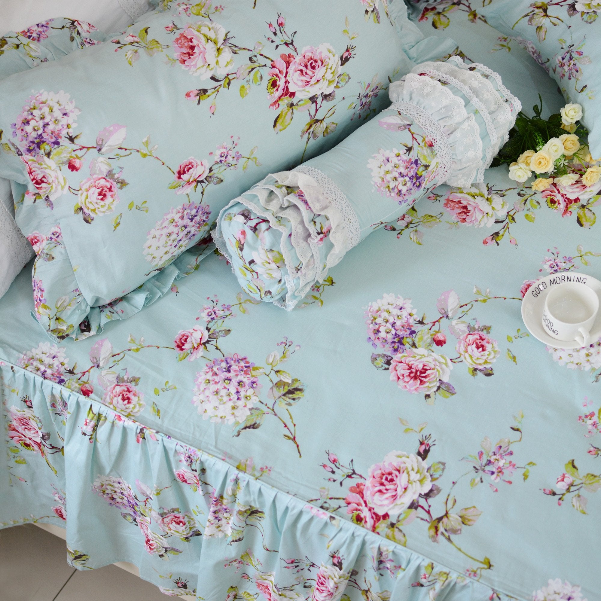 Fadfay Shabby Floarl Cotton Bedding Set Queen 4-Pieces Light Blue Hydrangea Print Duvet Cover Set With Bedskirt French Country S