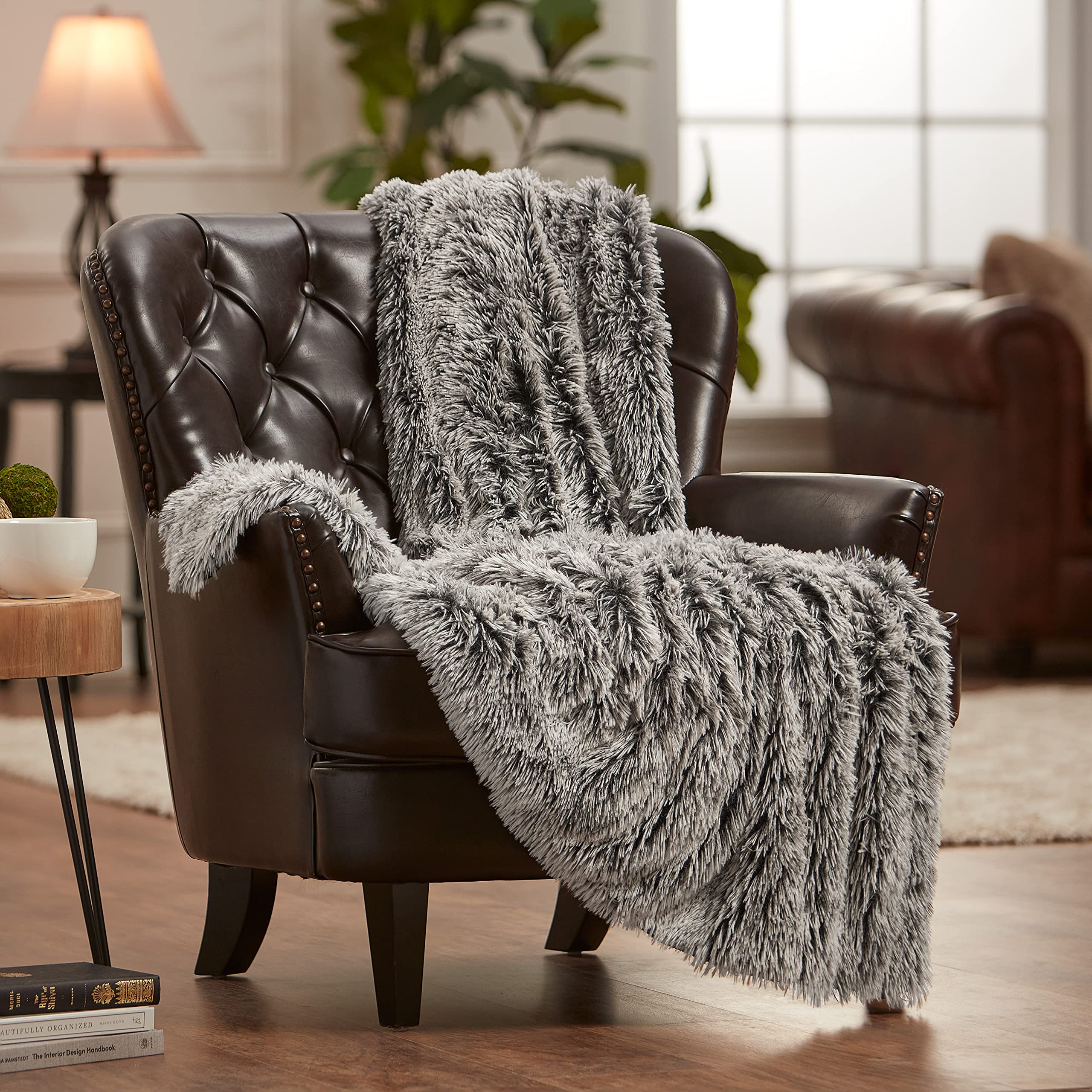 Chanasya Premium Wolf Faux Long Fur Throw Blanket - Soft, Fuzzy Throw Blanket - For Bed Or Couch - 50' X 65' - Frost Tip Black