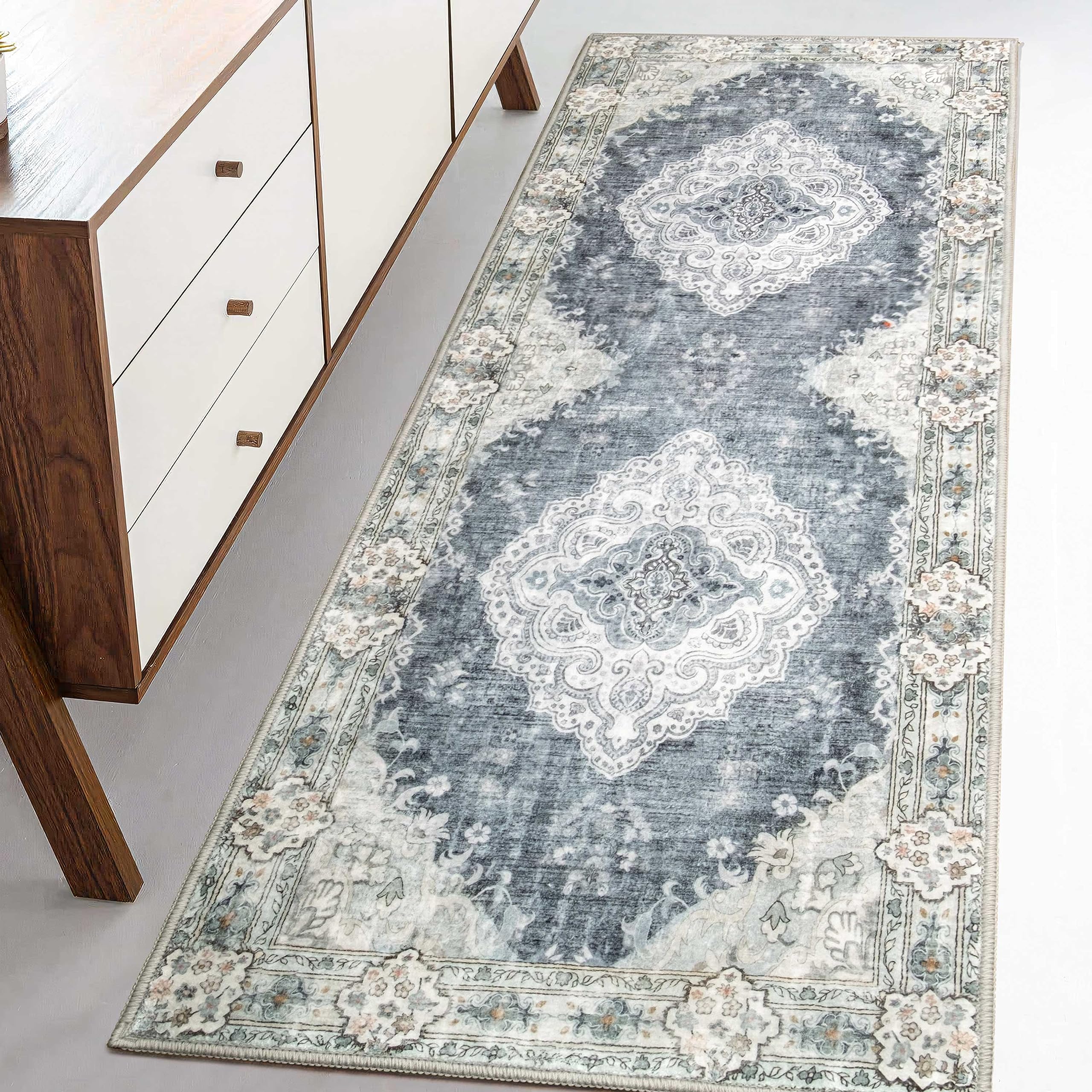MUJOO Hallway Runner Rug Machine Washable Runner Rugs Non Slip Boho Blue Grey Runner Rug for Hallways Entryway Kitchen Bathroom 