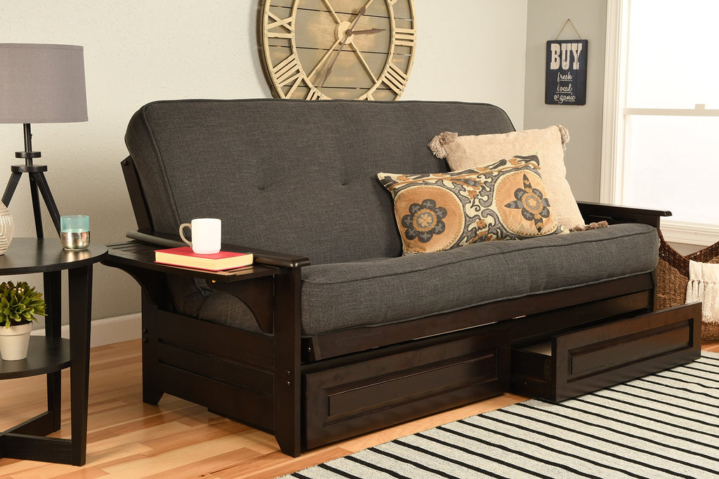 Phoenix Full Size Futon Couch In Espresso Finish With Storage Drawers - Wooden Frame - Solid Hardwood Construction