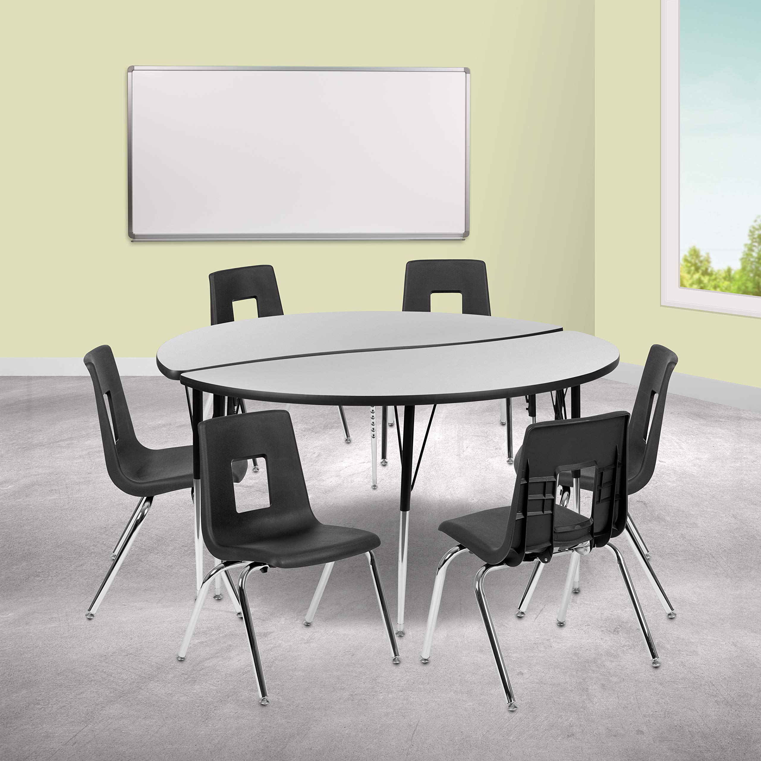Flash Furniture 60 Circle Wave Collaborative Laminate Activity Table Set with 18 Student Stack Chairs, Grey/Black