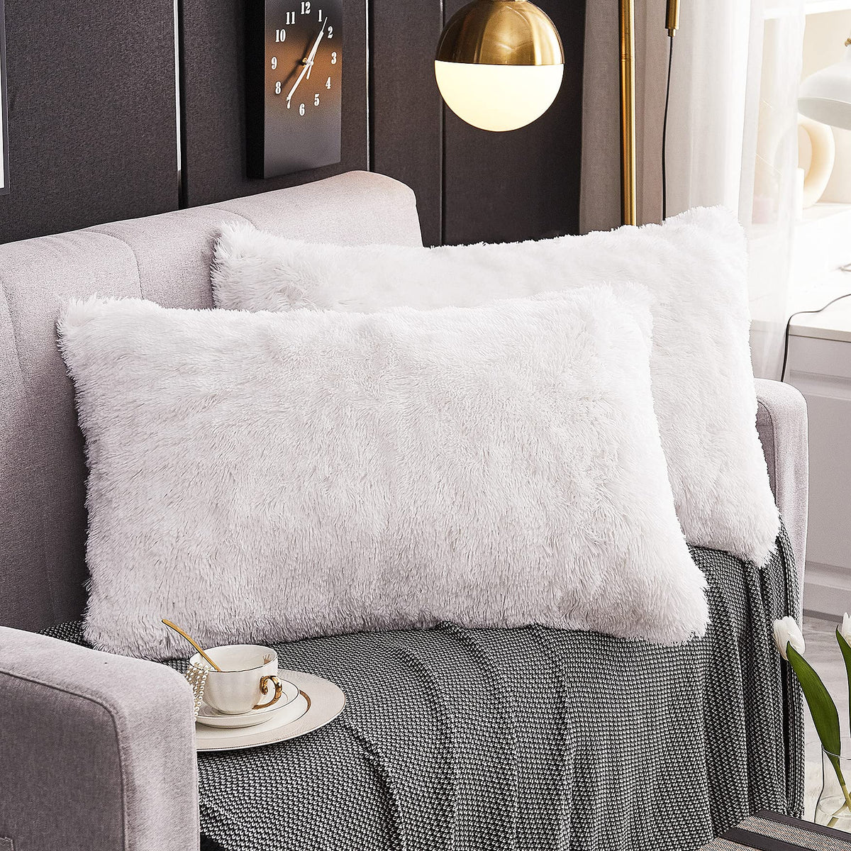 Werdim Shaggy Fluffy Faux Fur Pillowcases 2 Pack Button Closure Velvet Pillow Shams King Size (White, 20 X 36 Inches)