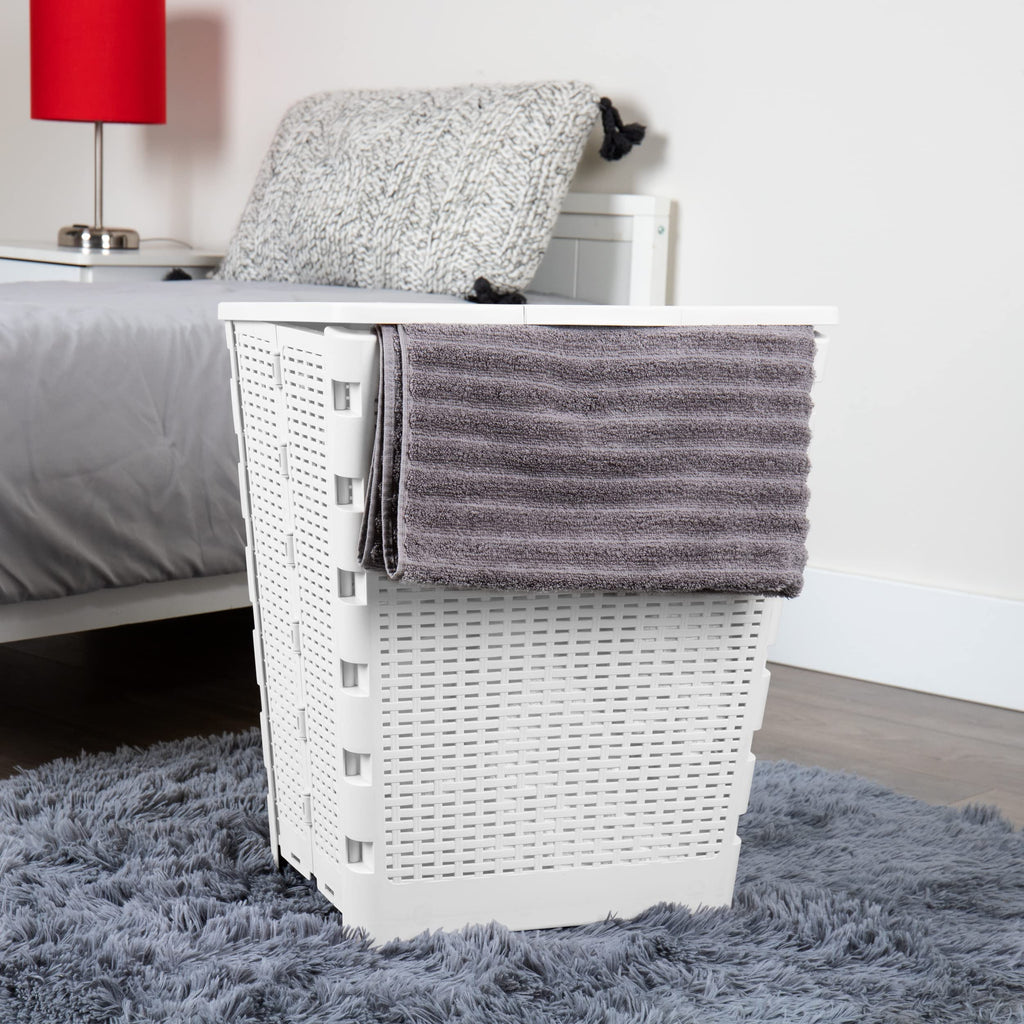 Mind Reader 61L Foldable Laundry Hamper, Clothes Basket, Lid, Wicker Design, Plastic, 18''L X 14.5''W X 21.25''H, White