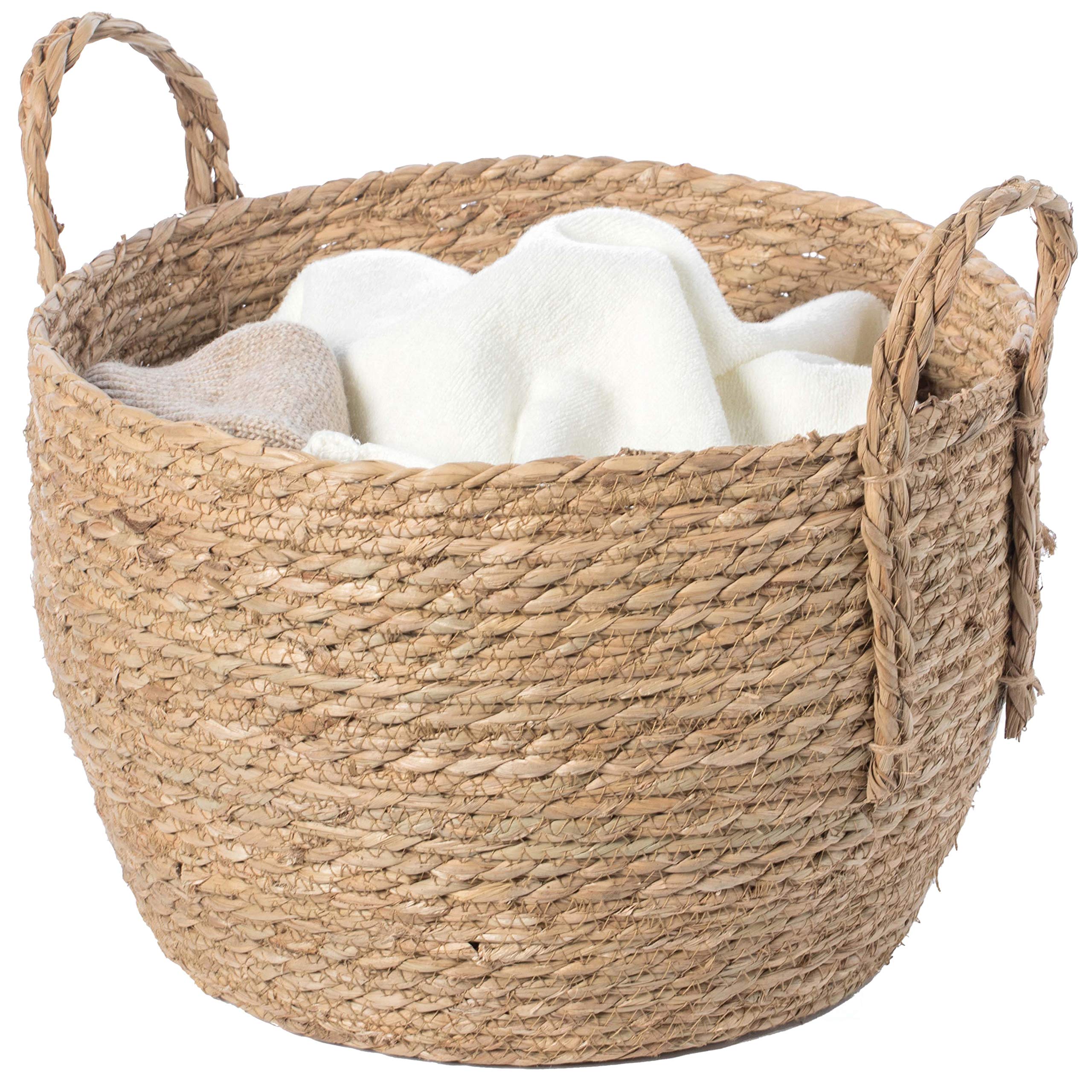 Vintiquewise Decorative Round Wicker Woven Rope Storage Blanket Basket with Braided Handles - Medium