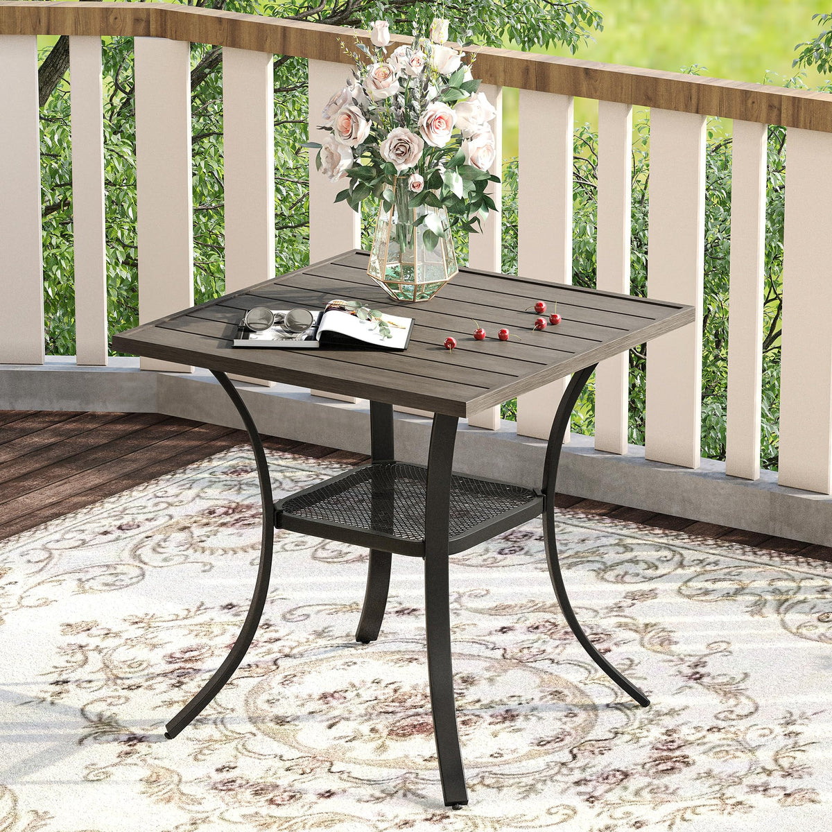 Vicllax Small Square Outdoor Patio Table, All Weather Metal Outdoor Dining Table For Lawn Garden, 27.5'X 27.5' Patio Bisto Table For Outside, Grey Wood-Like Tabletop