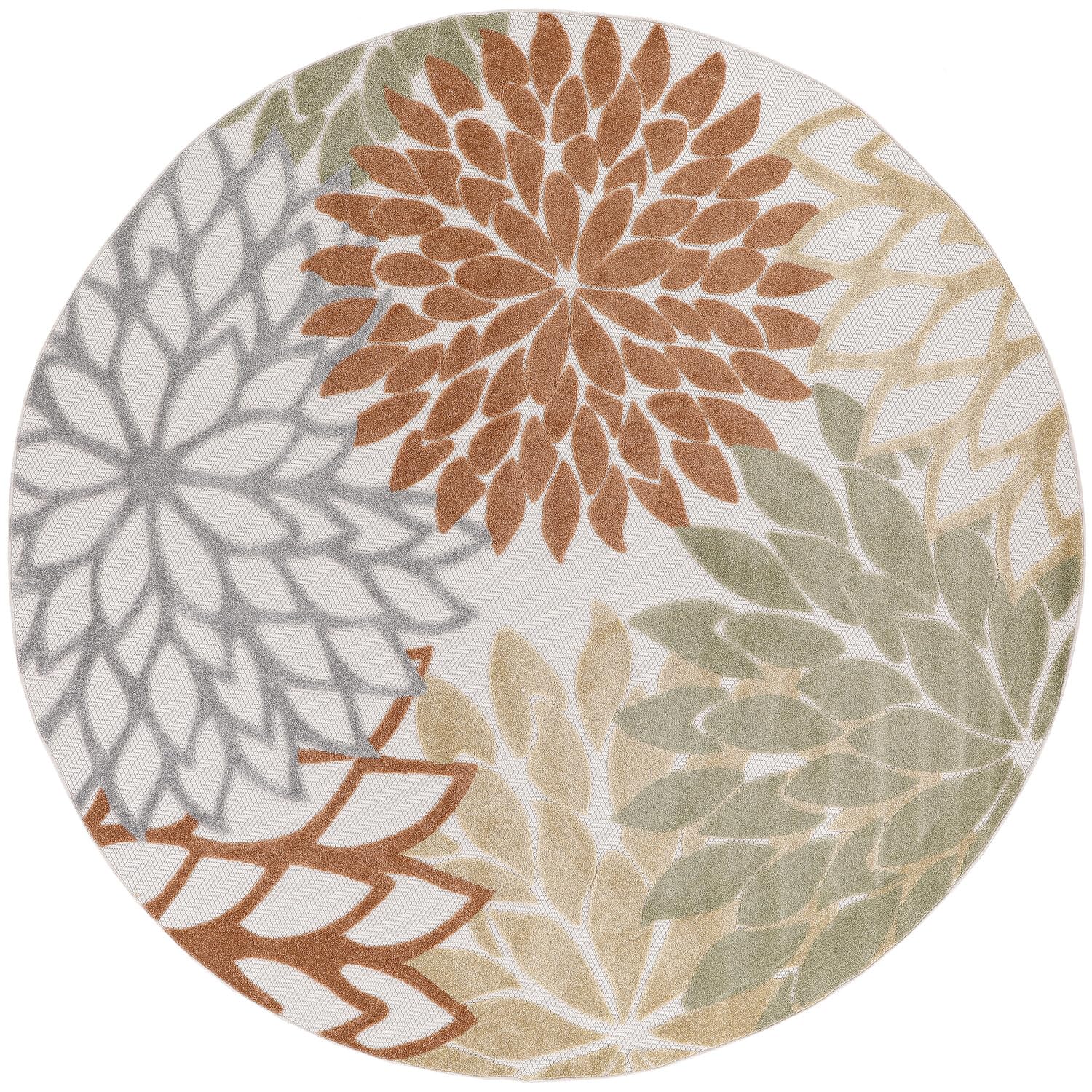 Nourison Aloha Indoor-Outdoor Ivory Multicolor 5'3' X Round Area Rug, Easy Cleaning, Non Shedding, Bed Room, Living Room, Dinin