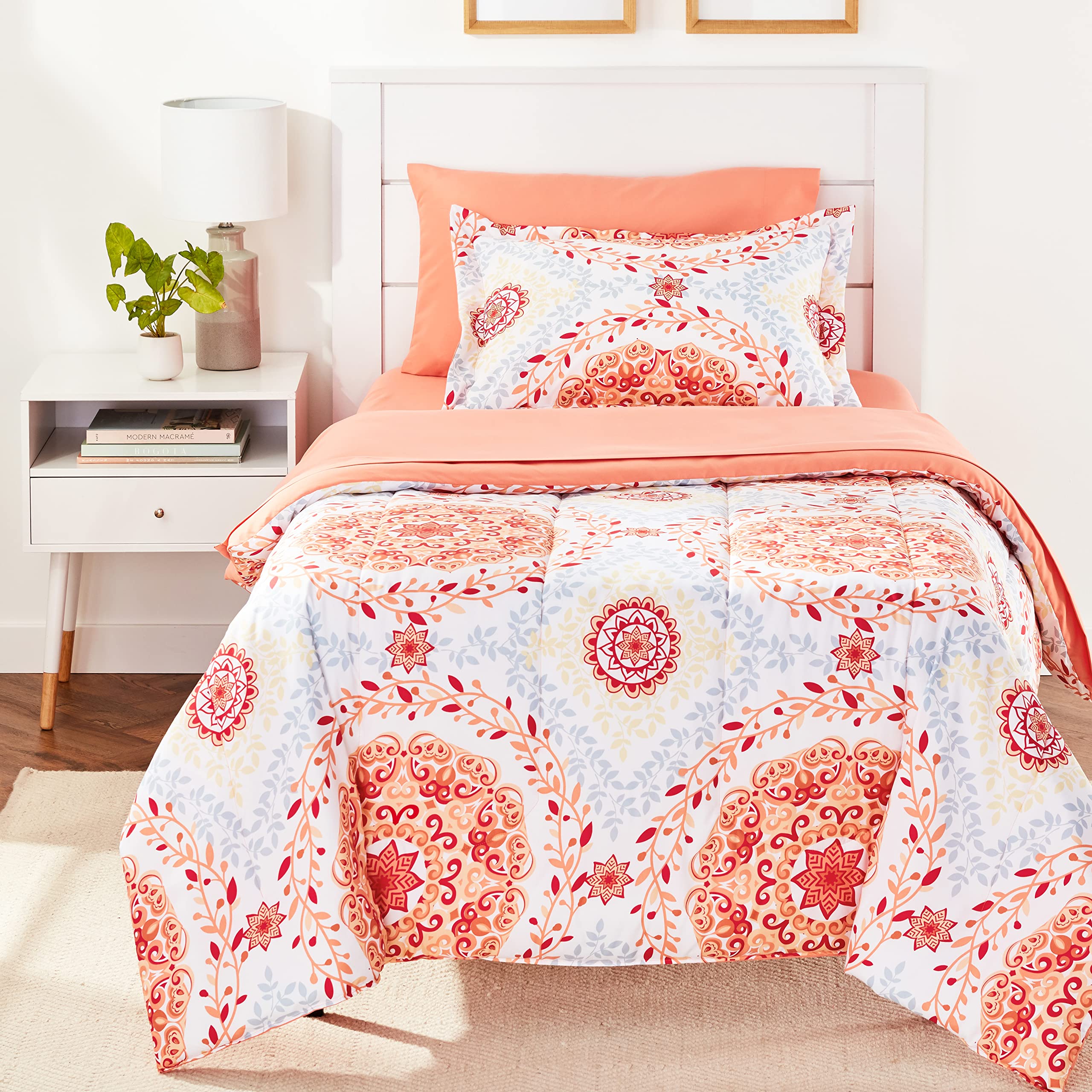 Amazon Basics Twin XL Comforter Set with Sheets, 5-Piece Coral Medallion Bedding, Lightweight Microfiber Bed-in-a-Bag