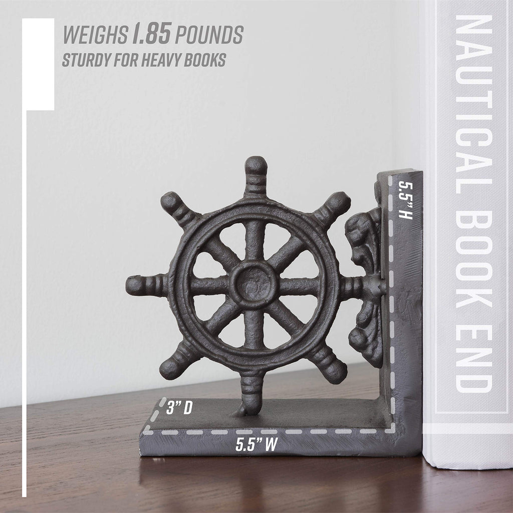 Danya B. Zi08303 Nautical/Coastal Home Decor - 2-Piece Metal Bookend Set With Anchor And Captain'S Wheel