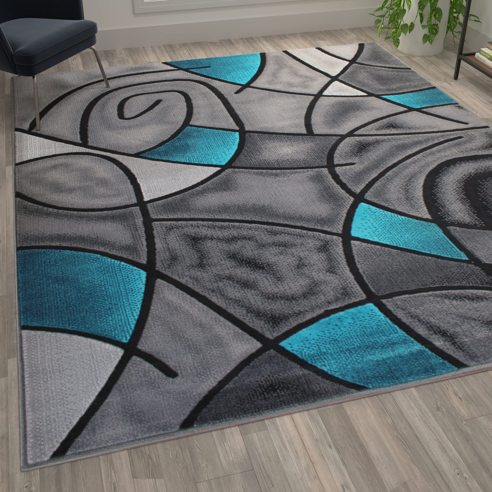 Flash Furniture Jubilee Collection Abstract Area Rug - Colorfast Turquoise Olefin Rug - 8' X 10' Area Rug - Jute Backing - Living Room, Bedroom, & Family Room