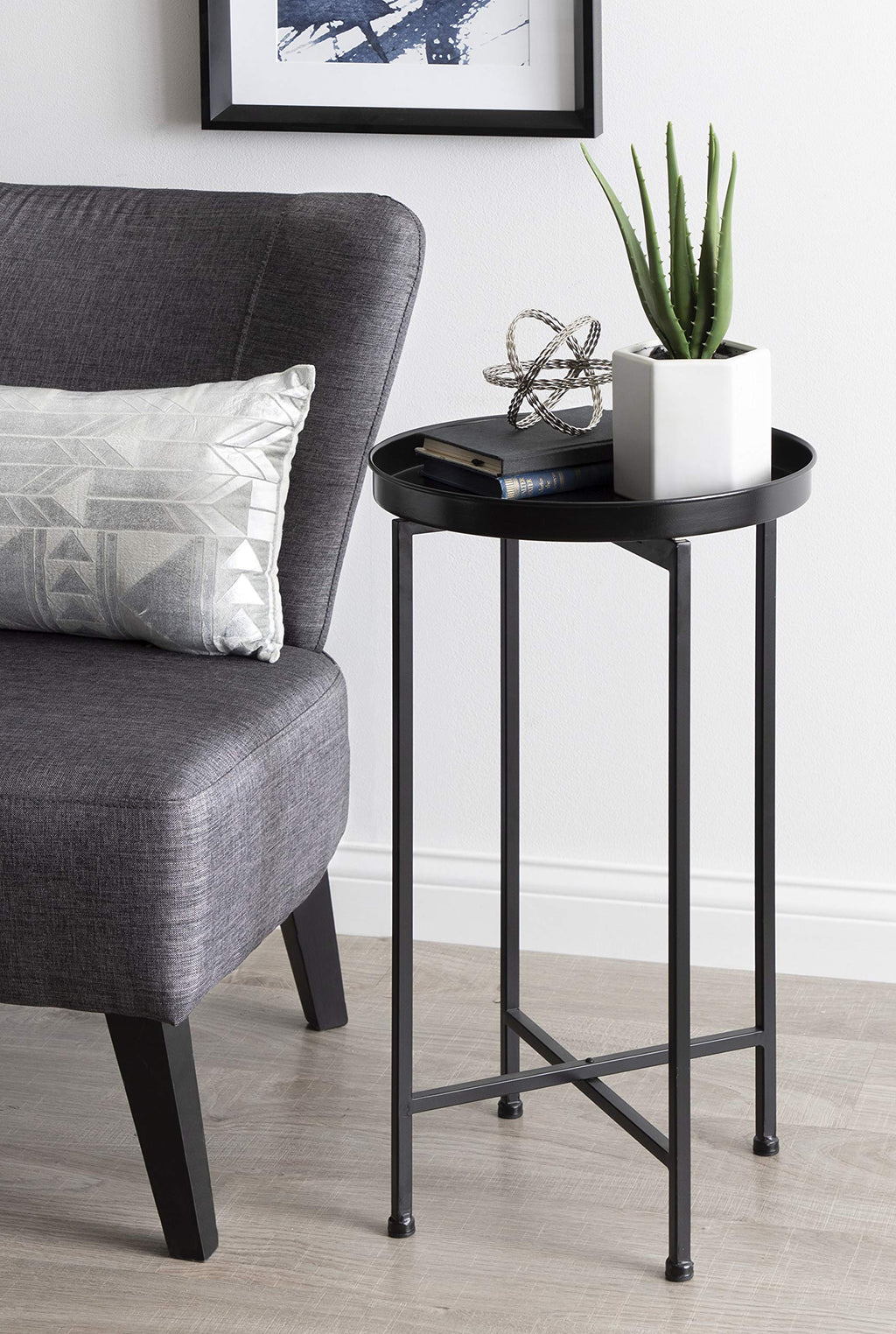Kate And Laurel Celia Round Metal Foldable Accent Table With Tray Top, Black