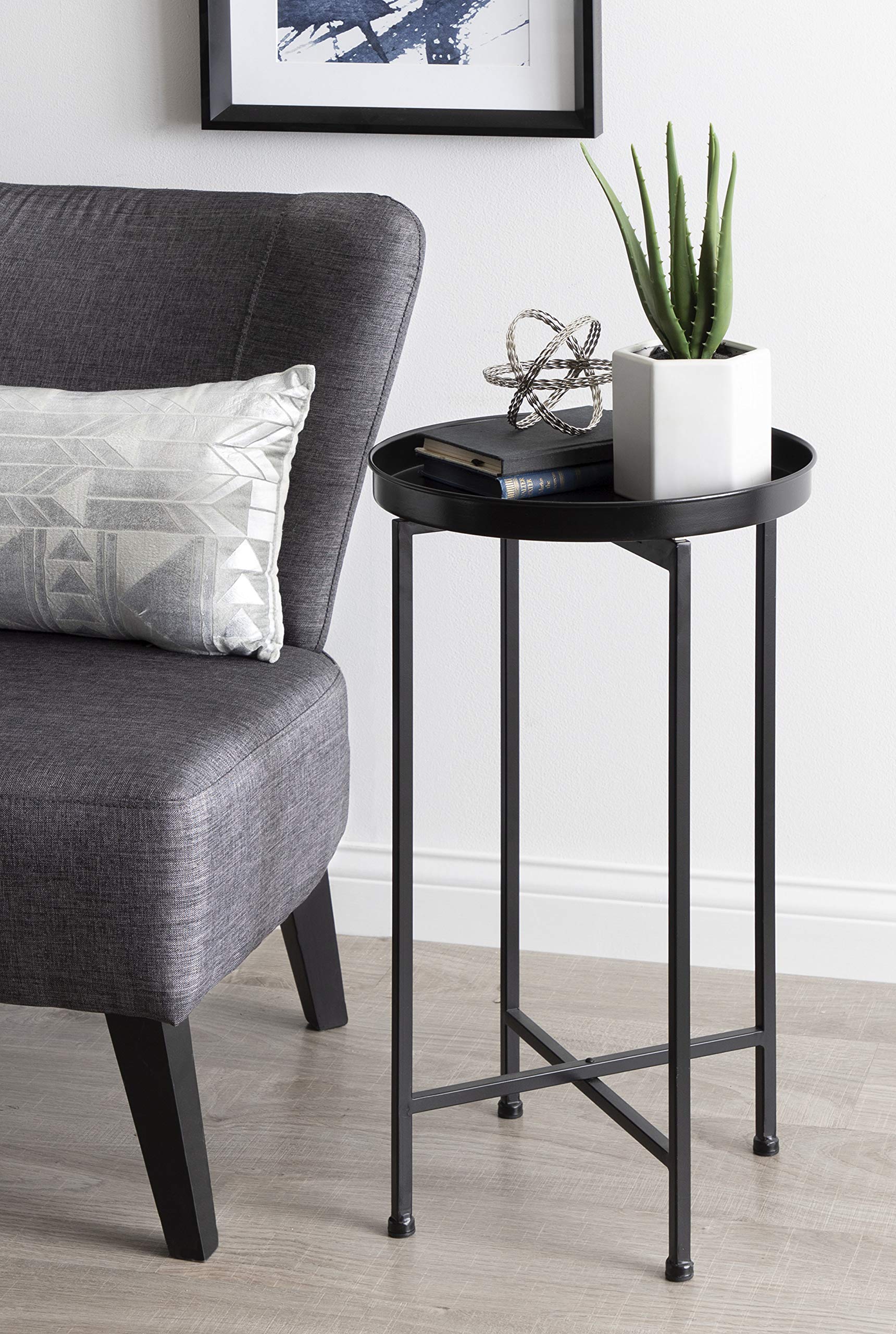 Kate And Laurel Celia Round Metal Foldable Accent Table With Tray Top, Black
