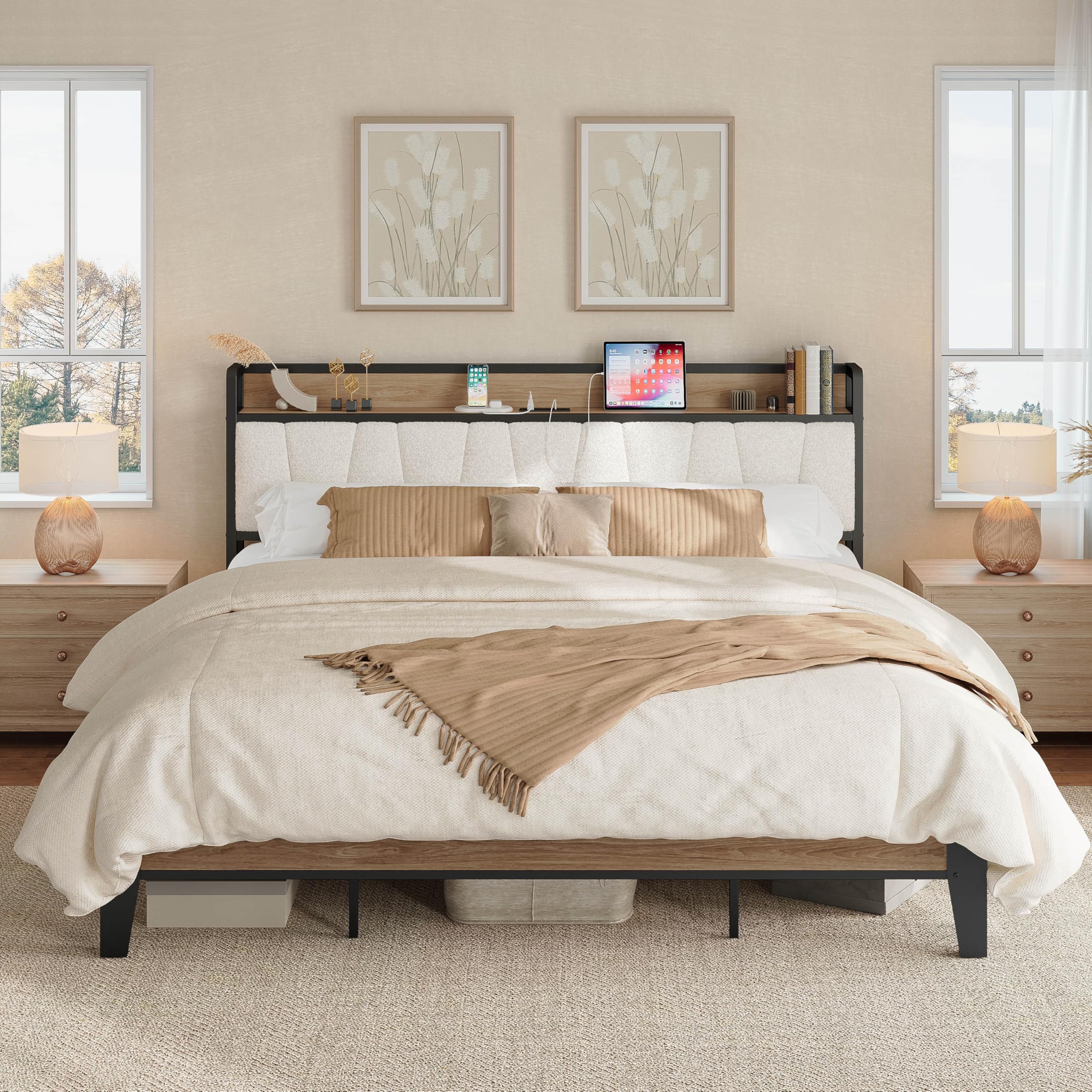 LIKIMIO King Bed Frames, Storage Headboard with Charging Station, Solid and Stable, Noise Free, No Box Spring Needed, Easy Assem