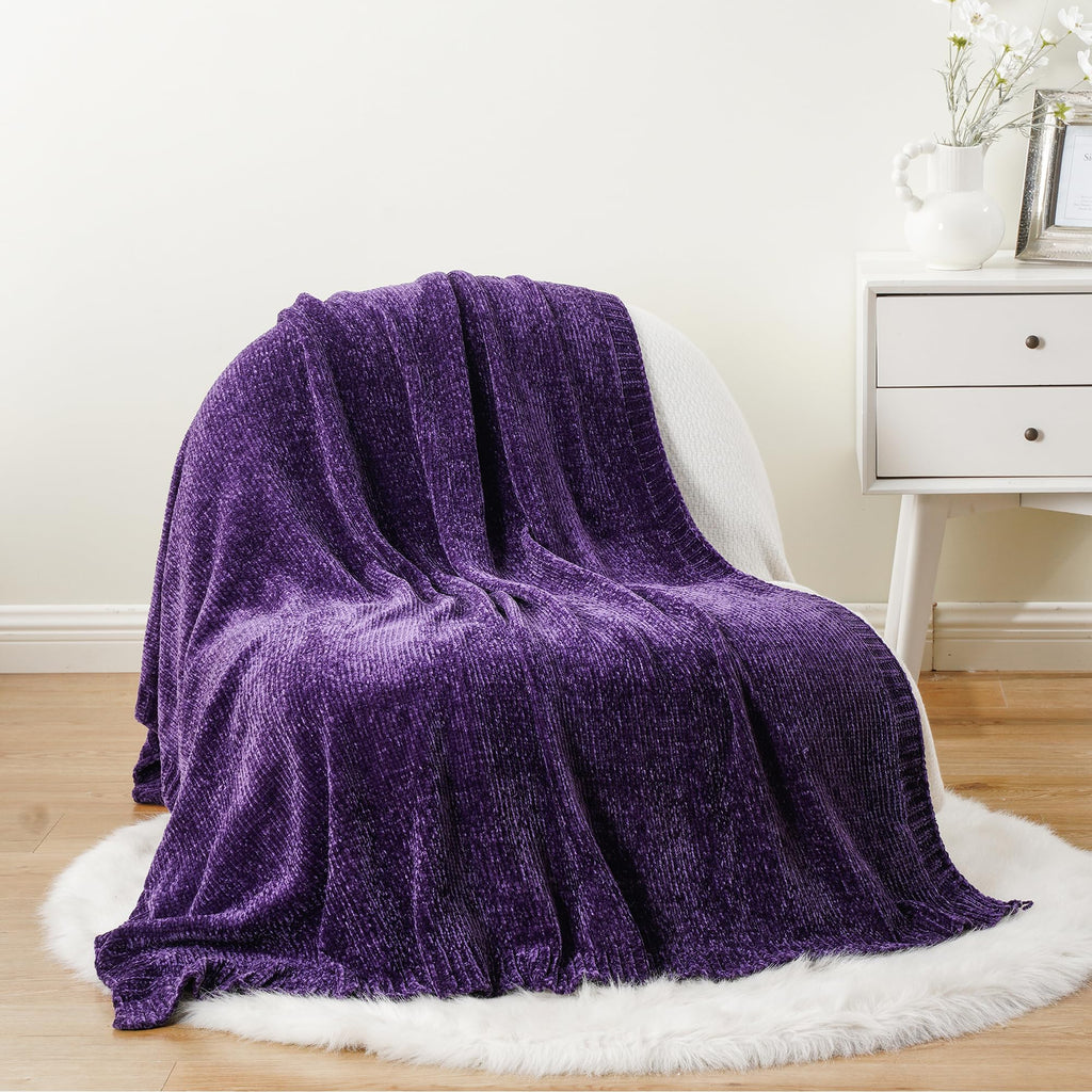 BATTILO HOME Chenille Knitted Throw Blanket, 51"x67", Super Soft Dark Purple, Cozy Decorative Blanket for Couch & Bed