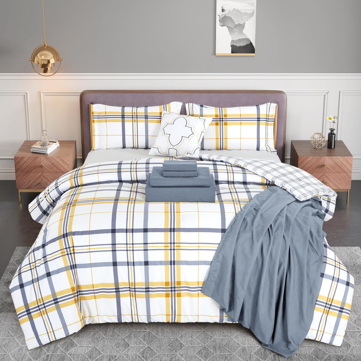 Elegant Comfort Silky Soft 8-Piece Plaid Lodge Bed-In-A-Bag Comforter Set, Includes 4Pc Smart Sheet Set, Comforter, Decorative Pillow, Matching Pillowcases And Shams - Full/Queen, Gold