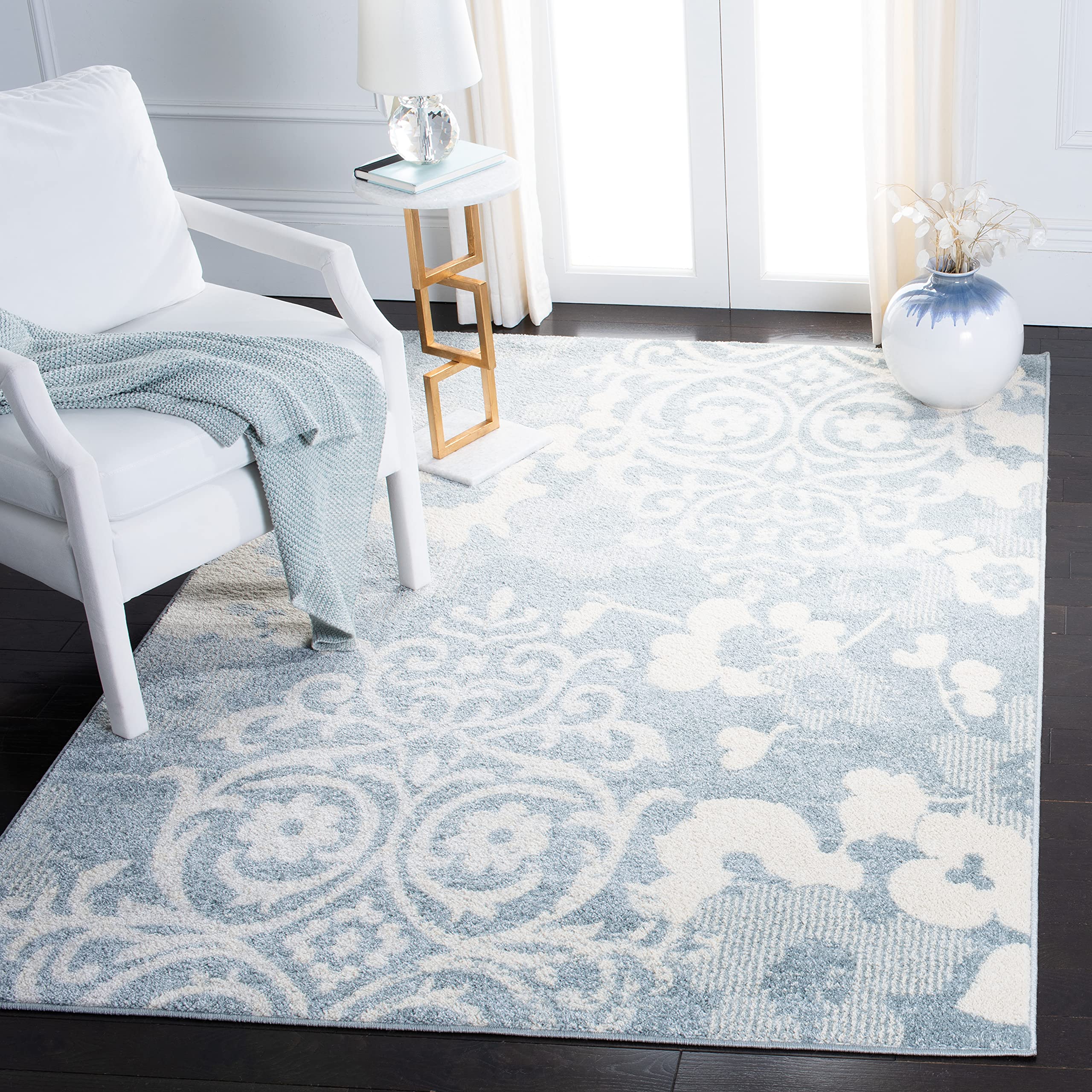 SAFAVIEH Adirondack Collection Area Rug - 6 x 9, Grey & Ivory, Floral Glam Damask Distressed Design, Non-Shedding & Easy Care,