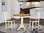 East West Furniture JAVN3-WHI-W 3 Piece Counter Height Dining Set for Small Spaces Contains a Round Dining Room Table with Pedestal and 2 Wooden Seat Chairs, 36x36 Inch, Buttermilk & Cherry