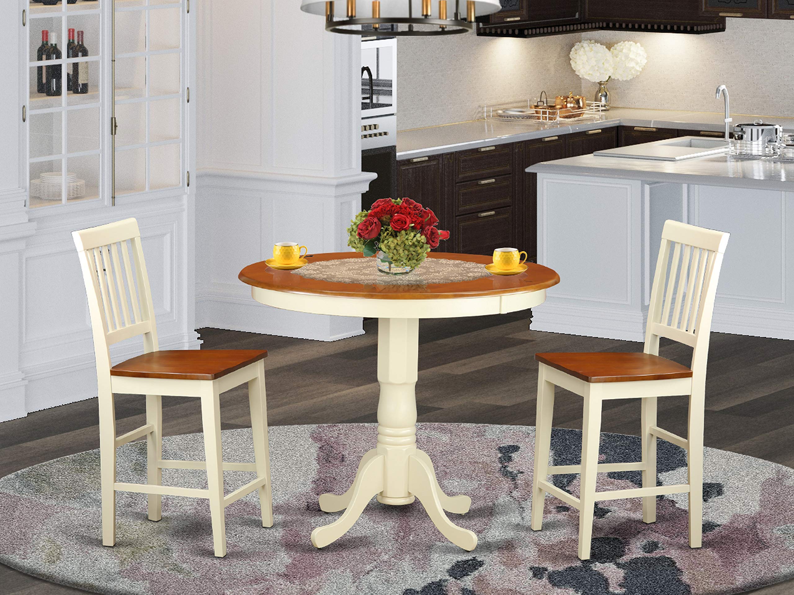 East West Furniture JAVN3-WHI-W 3 Piece Counter Height Dining Set for Small Spaces Contains a Round Dining Room Table with Pedestal and 2 Wooden Seat Chairs, 36x36 Inch, Buttermilk & Cherry