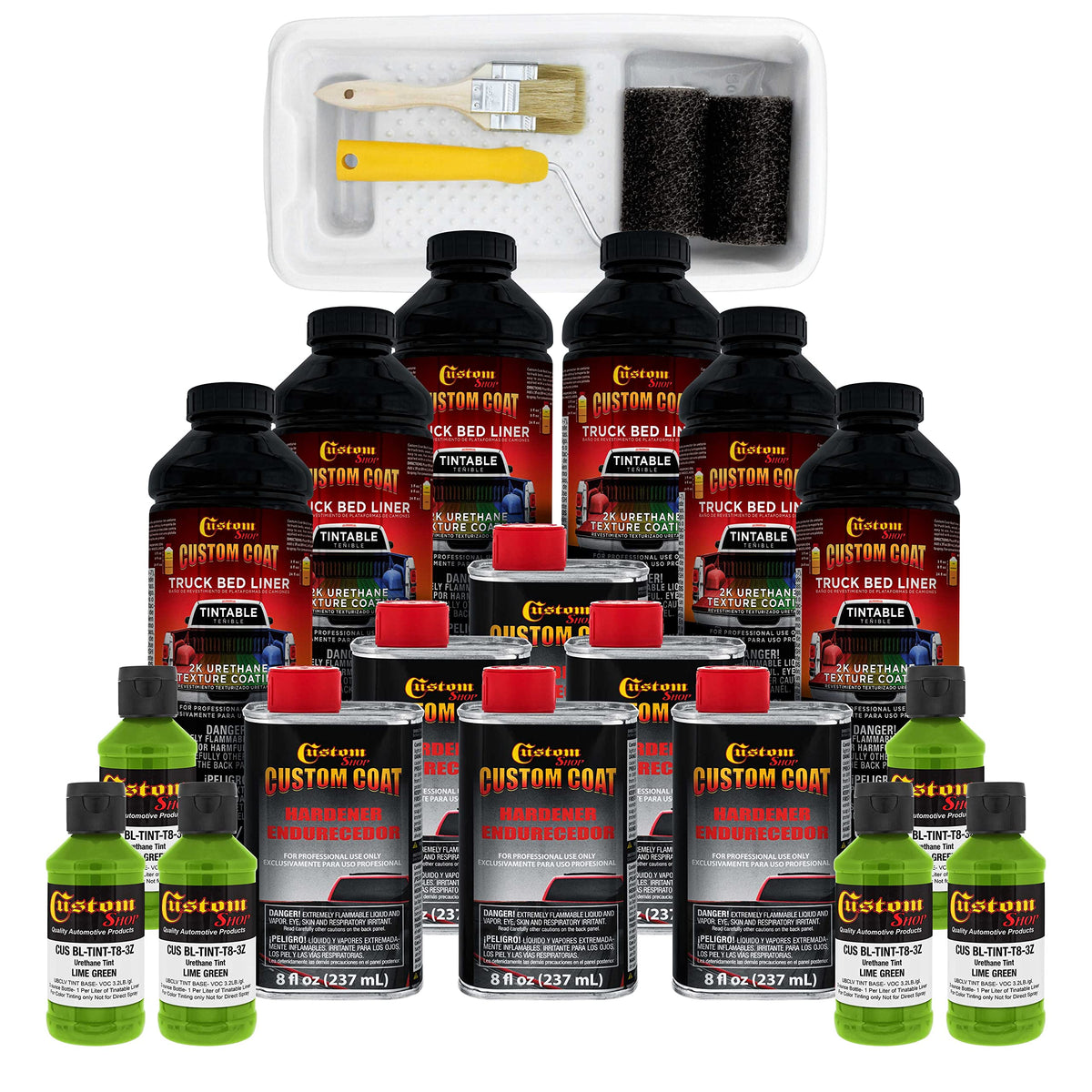Custom Coat Lime Green 1.5 Gallon (6 Quart) Urethane Roll-On, Brush-On Or Spray-On Truck Bed Liner Kit With Roller And Brush App
