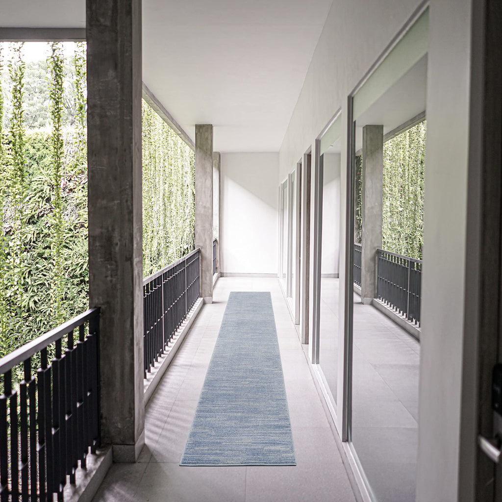 Nourison Essentials Solid Indoor/Outdoor Blue/Grey 2'2' X 16 Area Rug, Easy Cleaning, Non Shedding, Bed Room, Living Room, Dining Room, Deck, Patio, Backyard (2X16)