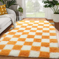 KICMOR 4x6 Rugs for Bedroom Living Room, Orange and Cream White Fluffy Fuzzy Checkered Shag Area Rug Shaggy Bedside Carpet, Furr