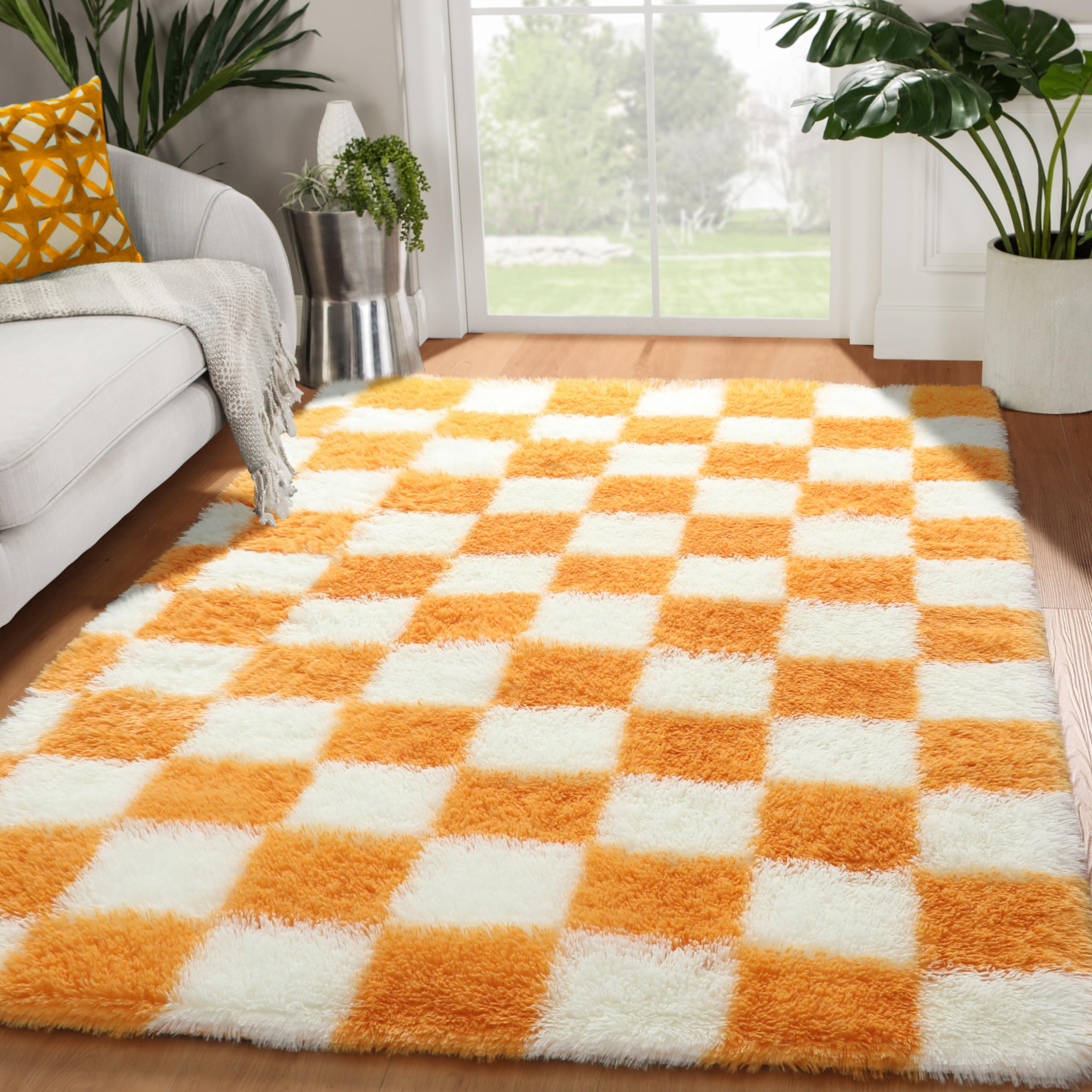 KICMOR 4x6 Rugs for Bedroom Living Room, Orange and Cream White Fluffy Fuzzy Checkered Shag Area Rug Shaggy Bedside Carpet, Furr