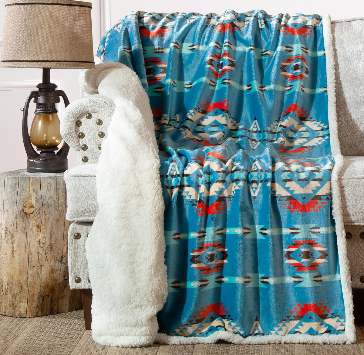 Carstens, Inc. Ultra Premium Super Soft Plush Sherpa Fleece Oversized Throw Blanket 54' X 68', Turquoise Southwest