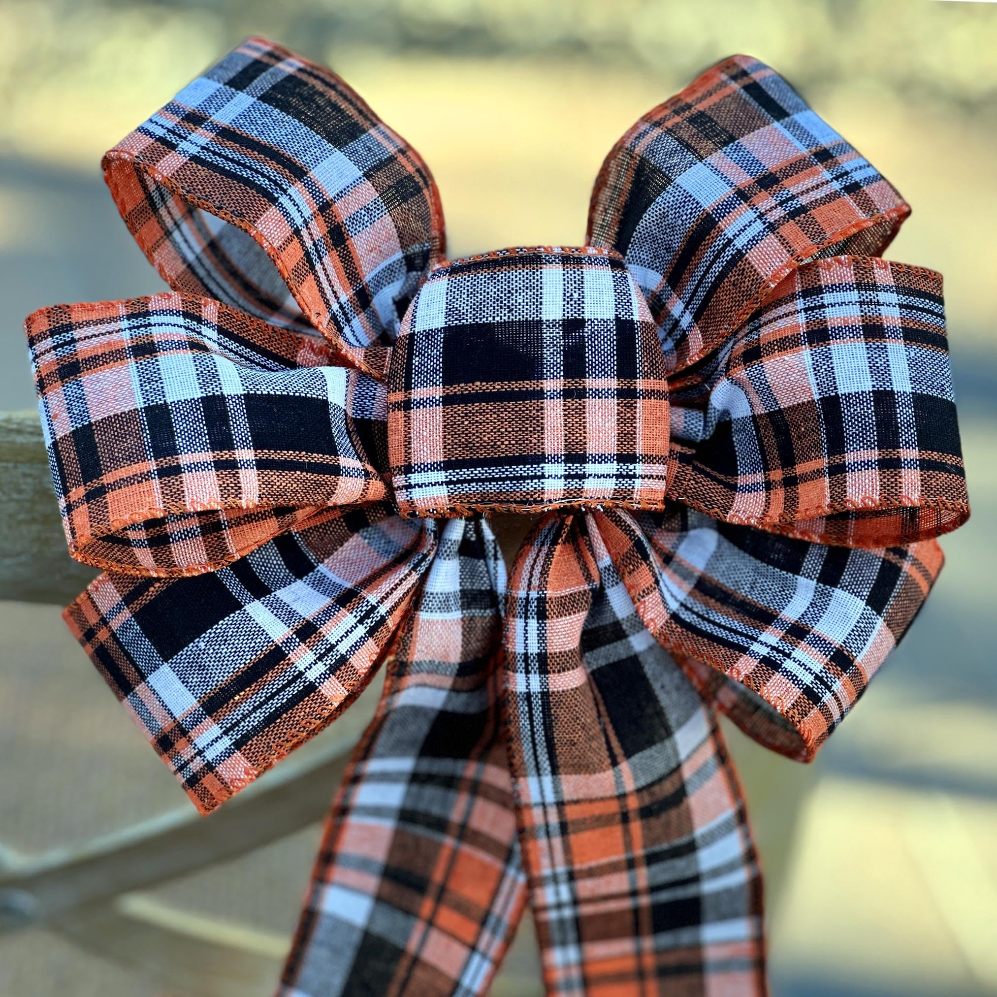 Fall Plaid Door Wreath Bow - 10' Wide, 18' Long Pre-Tied Bow, Orange, Beige, Black, Thanksgiving, Christmas, Kitchen Decor, Do