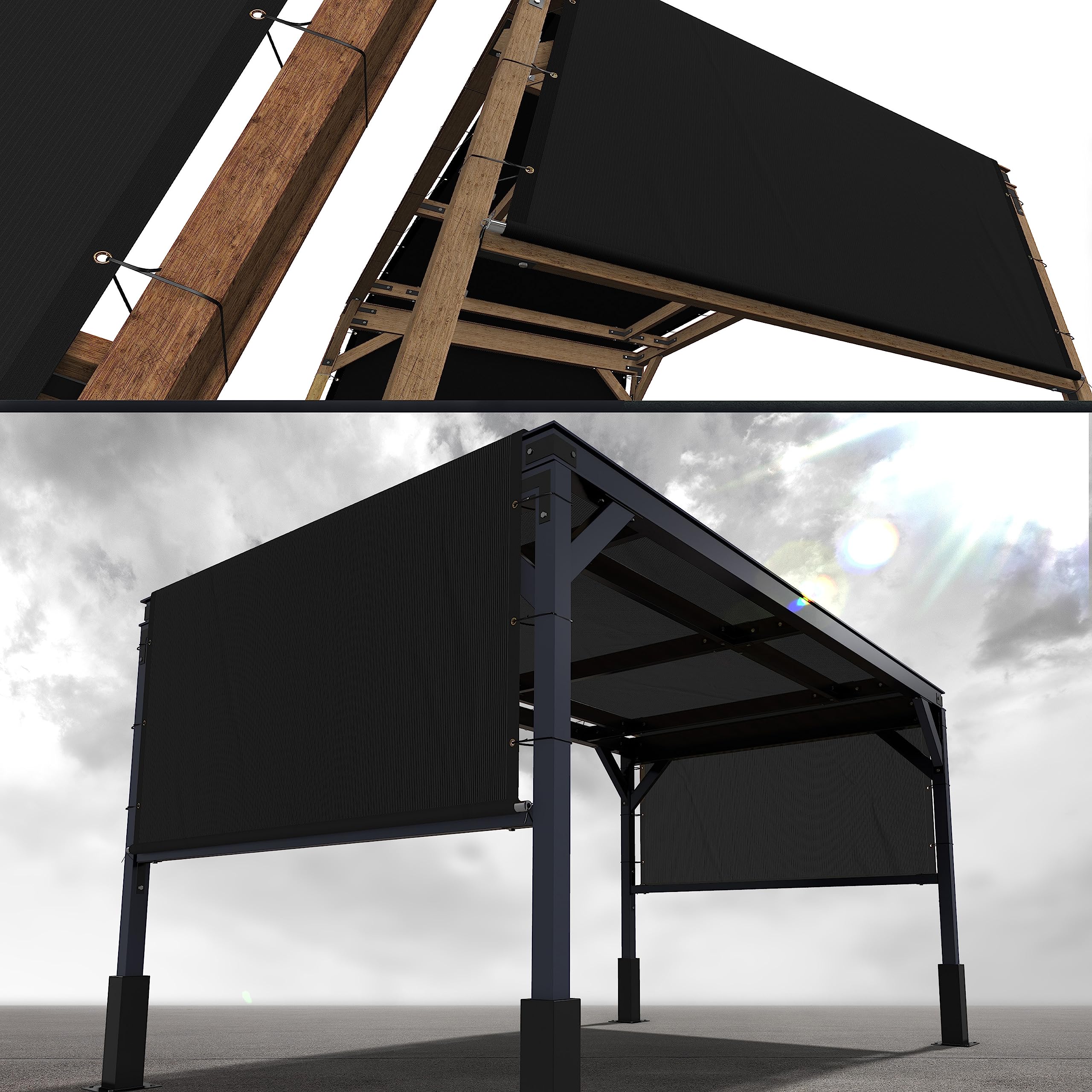 Royal Shade 7' W X 9' L Black Pergola Sun Shade Canopy Replacement Cover With Stainless Steel Weighted Rods, 95% Uv Blockage, Co