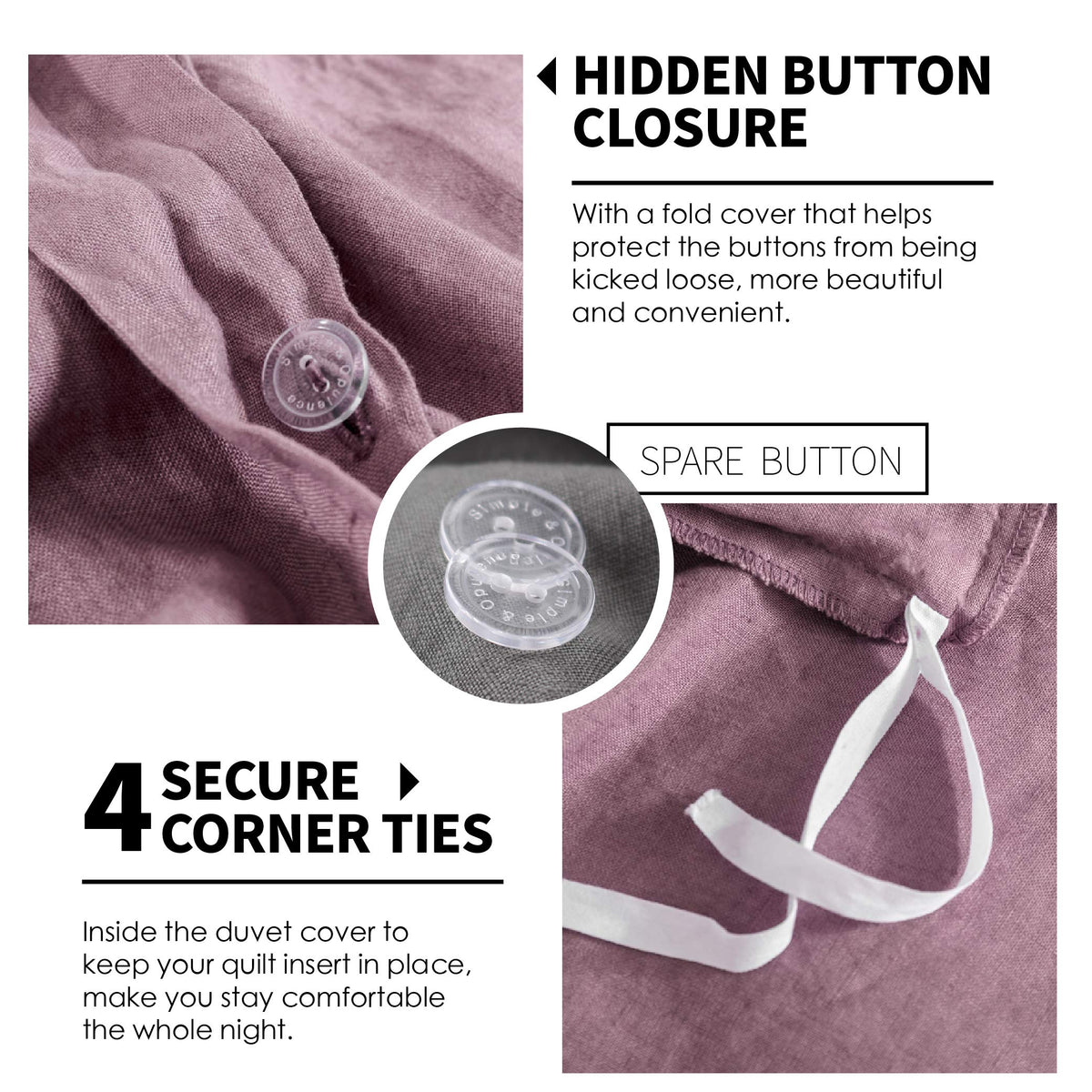 Simple&Opulence 100% Linen Duvet Cover Set 3Pcs Basic Style Natural French Washed Flax Solid Color Soft Breathable Farmhouse Bedding With Button Closure - Purple, King