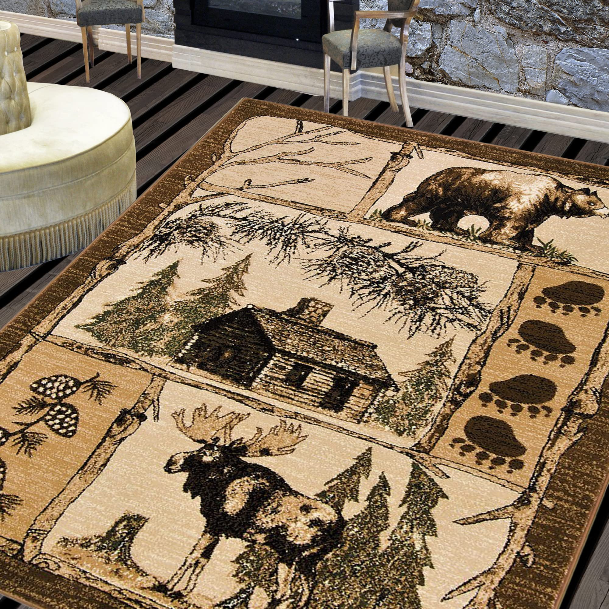 Handcraft Rugs HR-Lodge, Cabin Nature and Animals Area Rug Geometric Design Cabin Area Rug-Abstract Moose/Bear/Lodge/Nature
