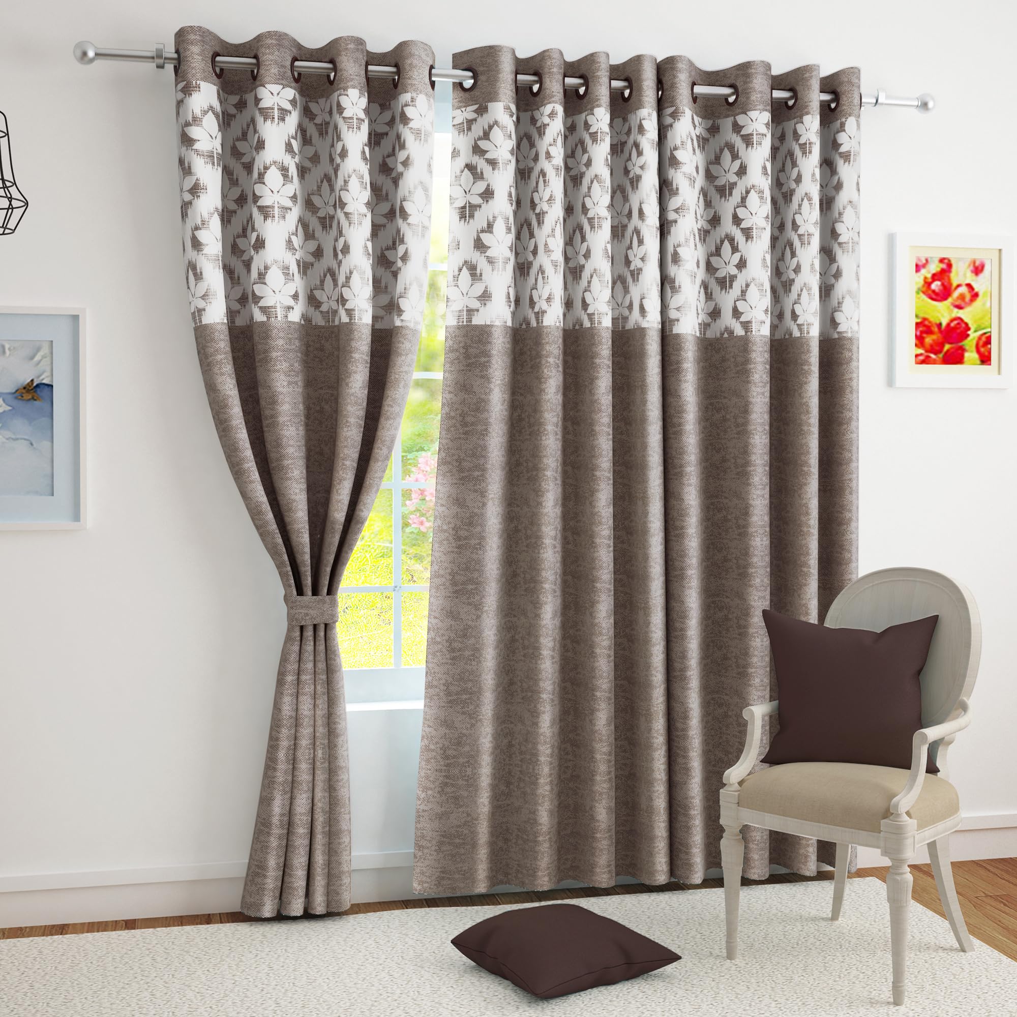 Story@Home Semi Long Door Curtains 8 Feet Long Set Of 2 | Floral Printed | Medium Room Darkening Curtain | Curtains For Living R